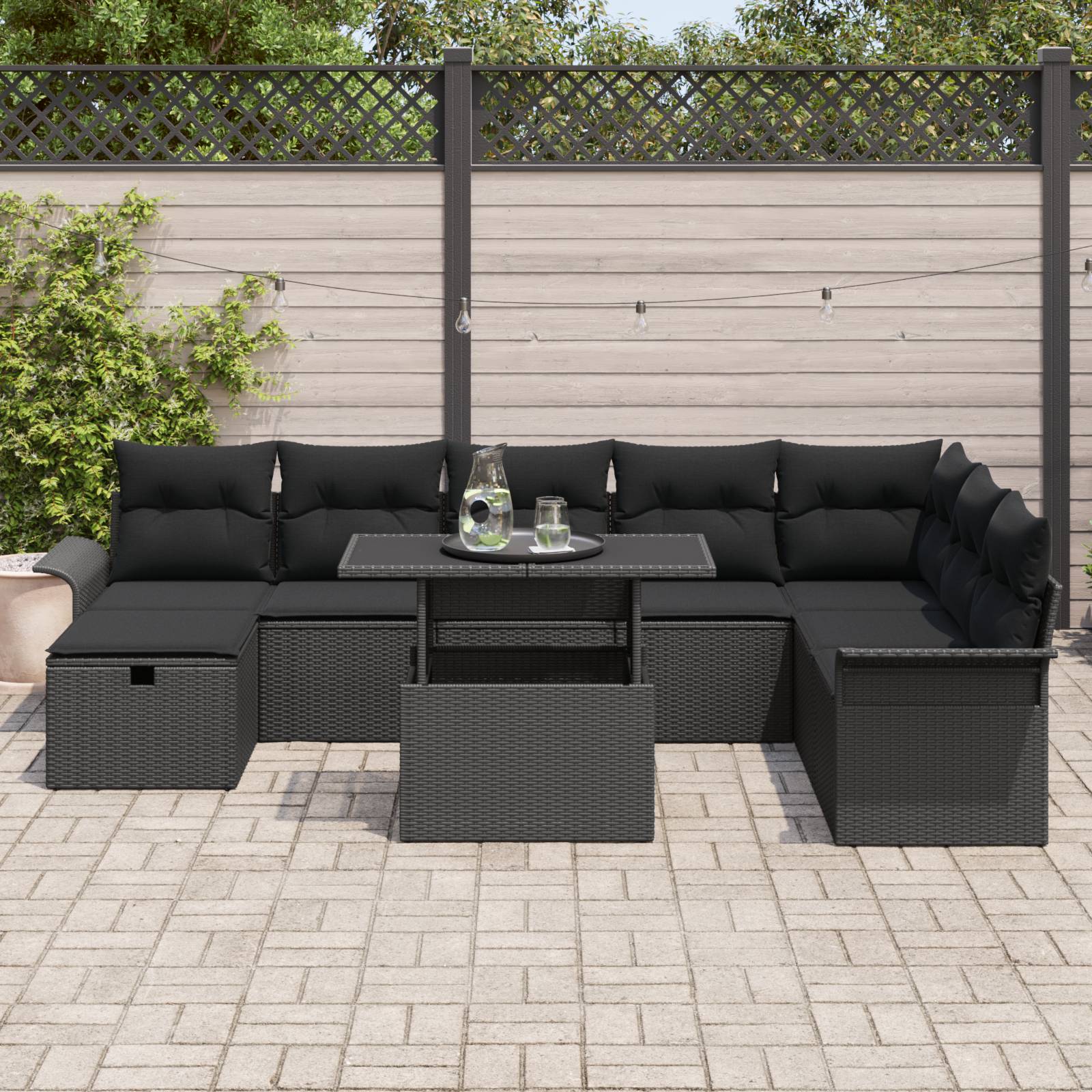 vidaXL 9-teiliges Garten-Sofa-Set mit Kissen Schwarz Poly Rattan
