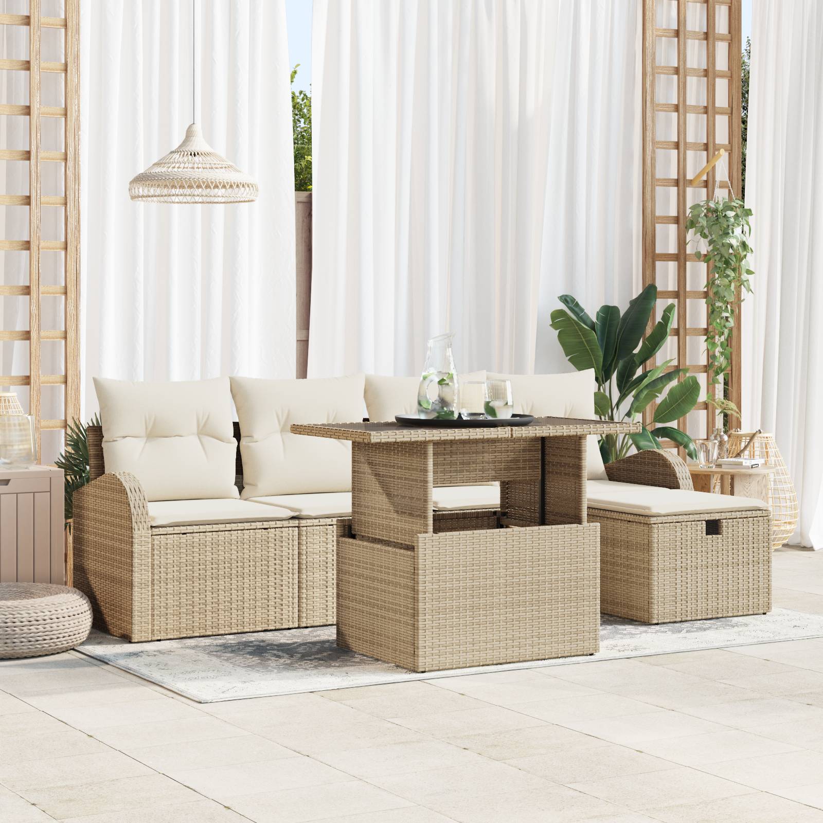 vidaXL 6-tlg. Garten-Sofagarnitur mit Kissen Beige Poly Rattan