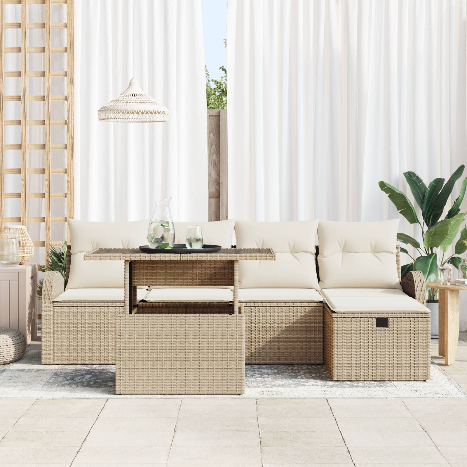 vidaXL 6-tlg. Garten-Sofagarnitur mit Kissen Beige Poly Rattan