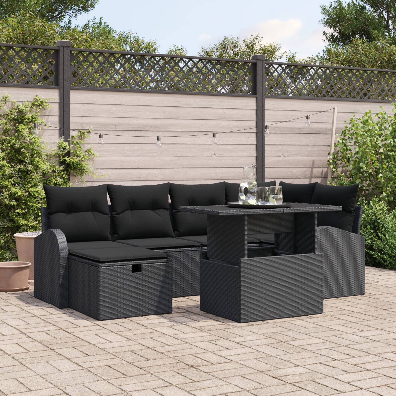 vidaXL 7-teiliges Garten Sofa Set mit Kissen Schwarz Poly Rattan