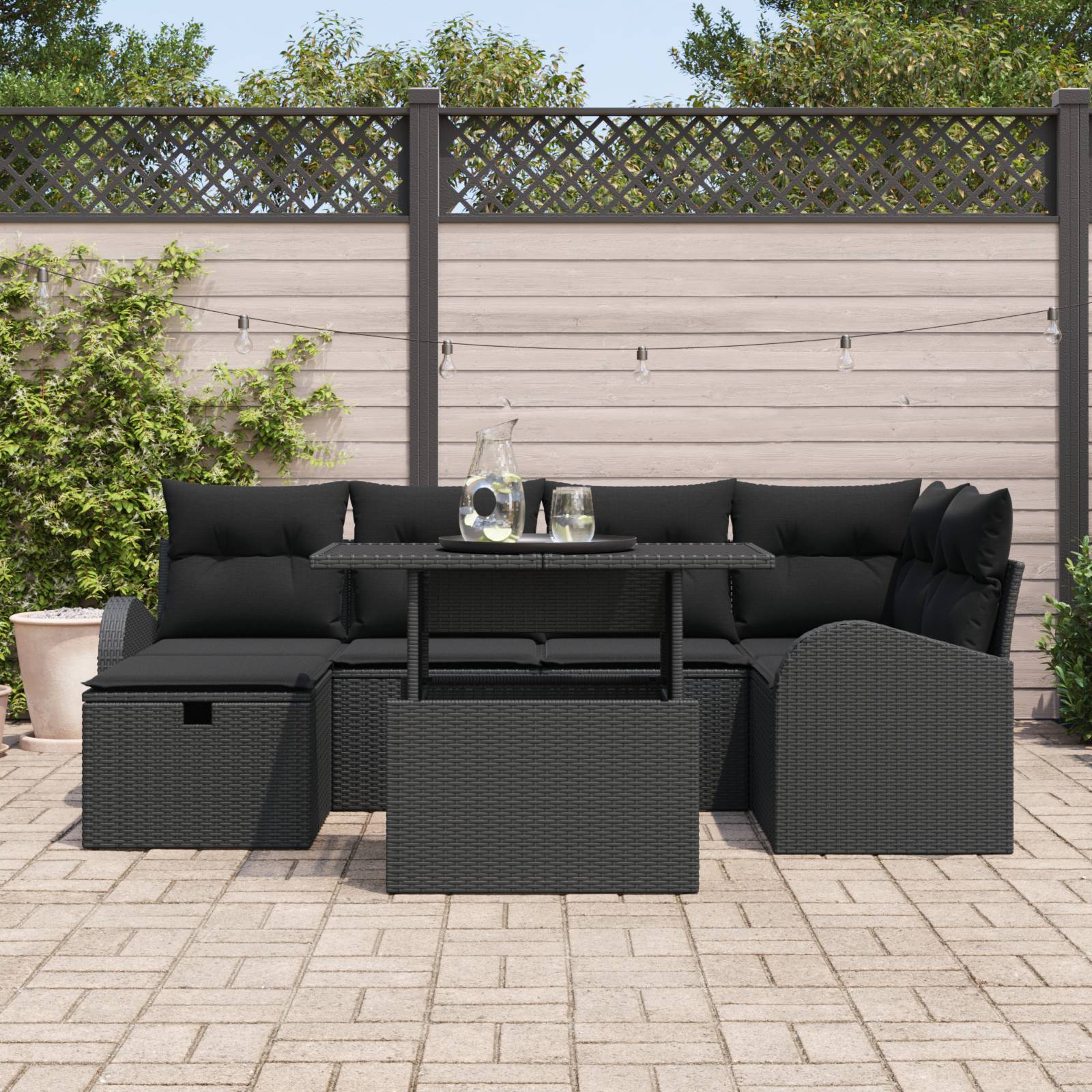 vidaXL 7-teiliges Garten Sofa Set mit Kissen Schwarz Poly Rattan