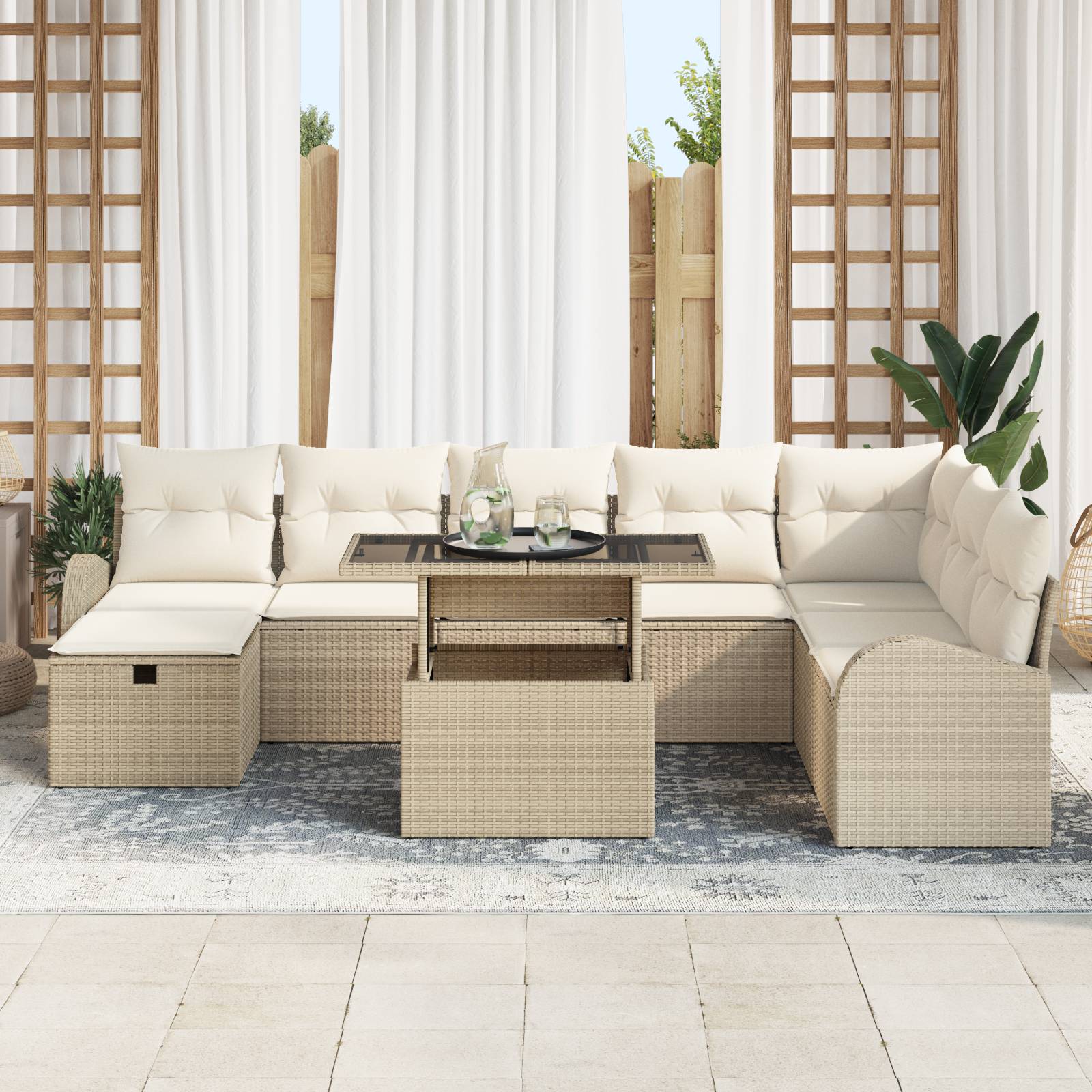 vidaXL 9-teilige Garten Sofa Set mit Kissen Beige Poly Rattan