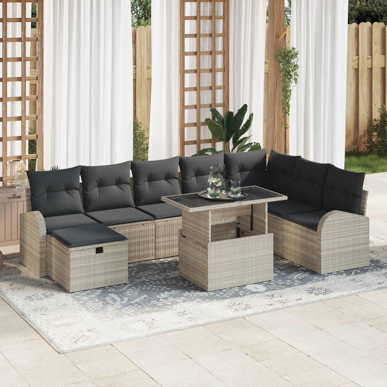 vidaXL 9-tlg. Garten-Sofagarnitur mit Kissen Hellgrau Poly Rattan