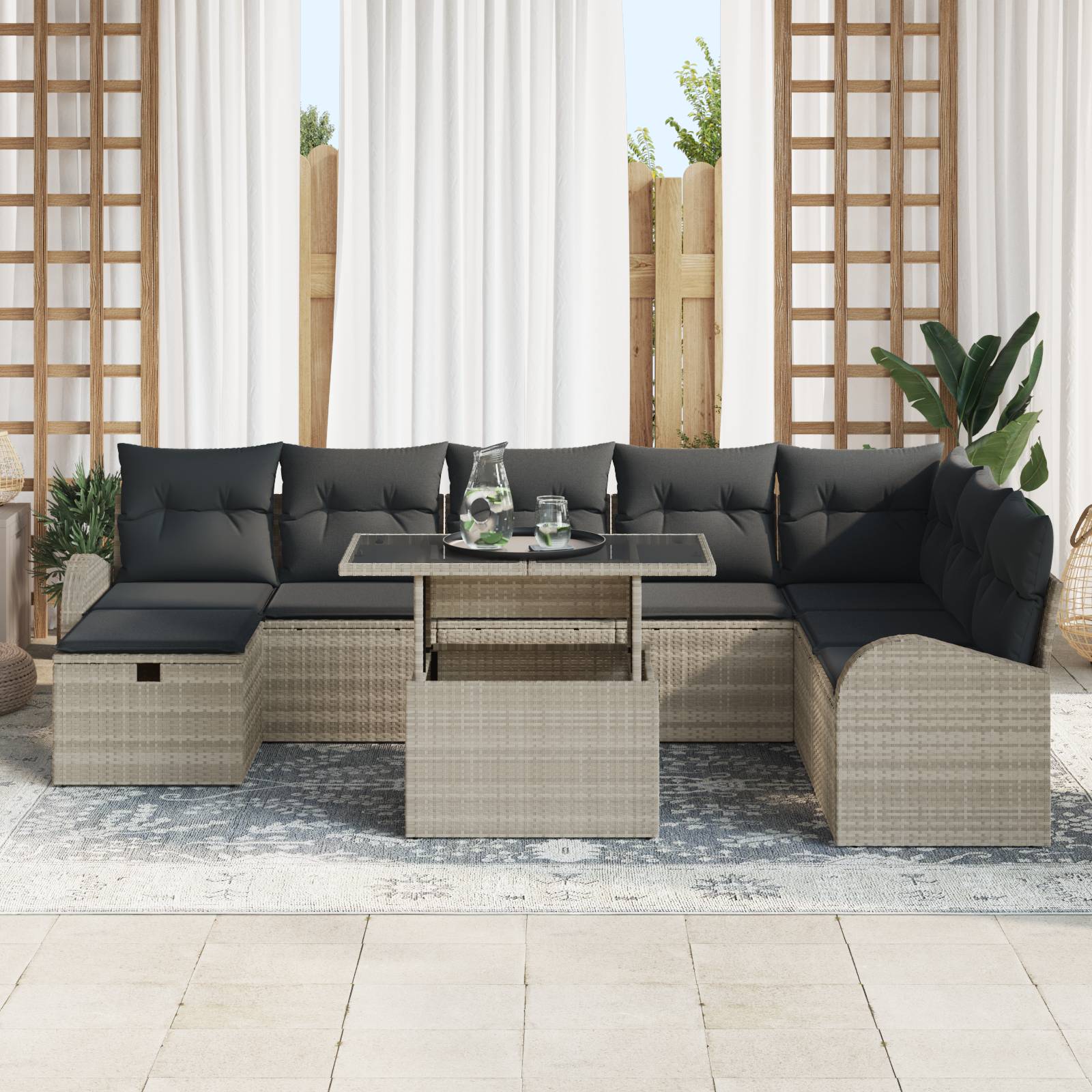 vidaXL 9-tlg. Garten-Sofagarnitur mit Kissen Hellgrau Poly Rattan