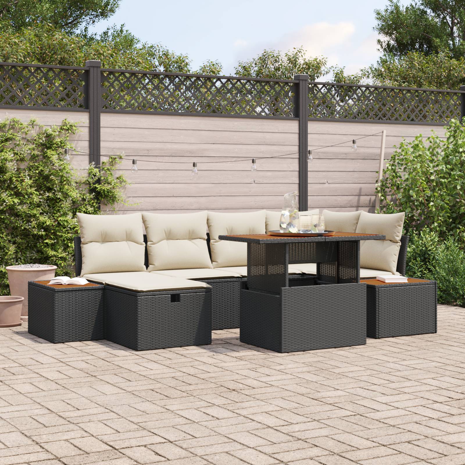 vidaXL 7-tlg. Garten-Sofagarnitur mit Kissen Schwarz Poly Rattan