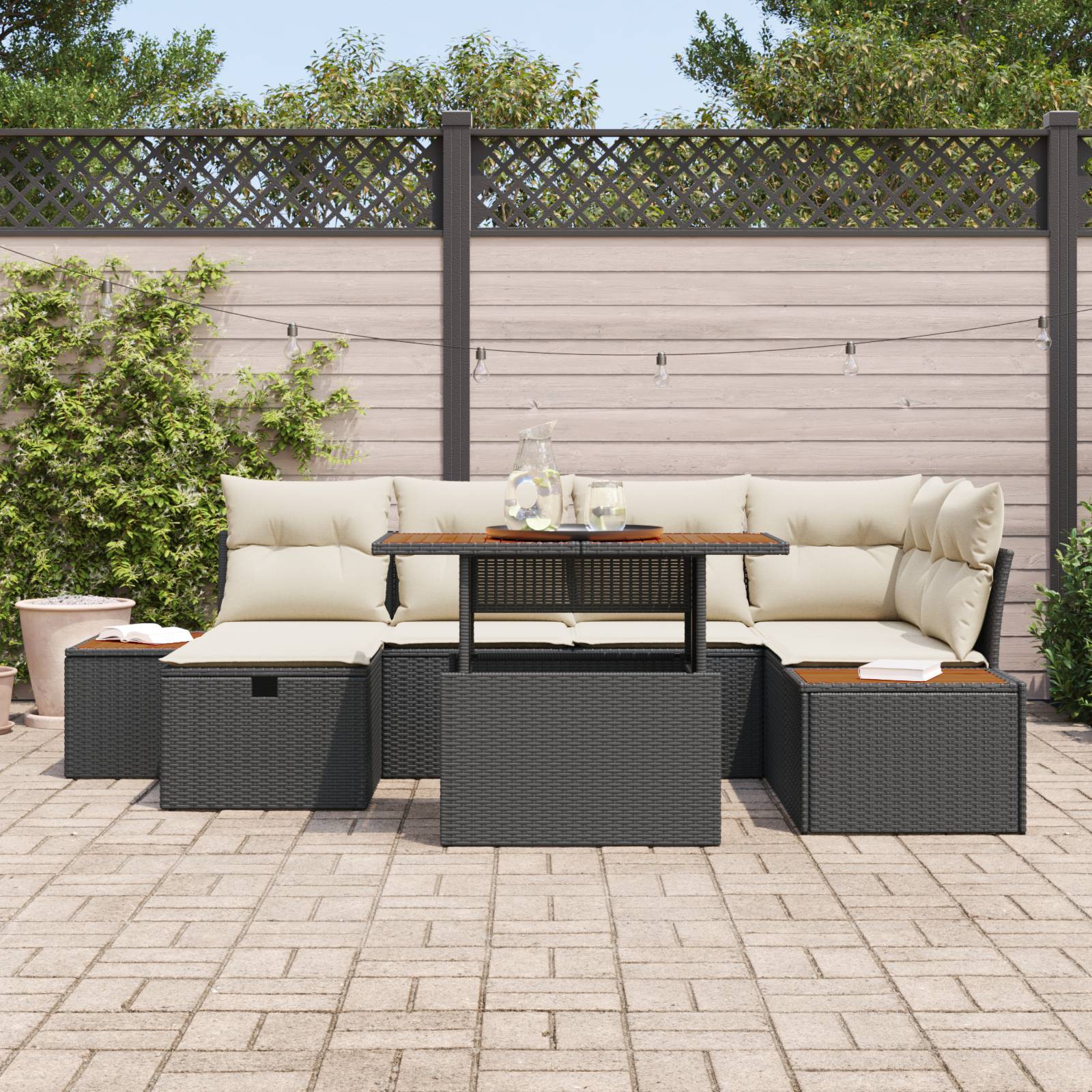 vidaXL 7-tlg. Garten-Sofagarnitur mit Kissen Schwarz Poly Rattan
