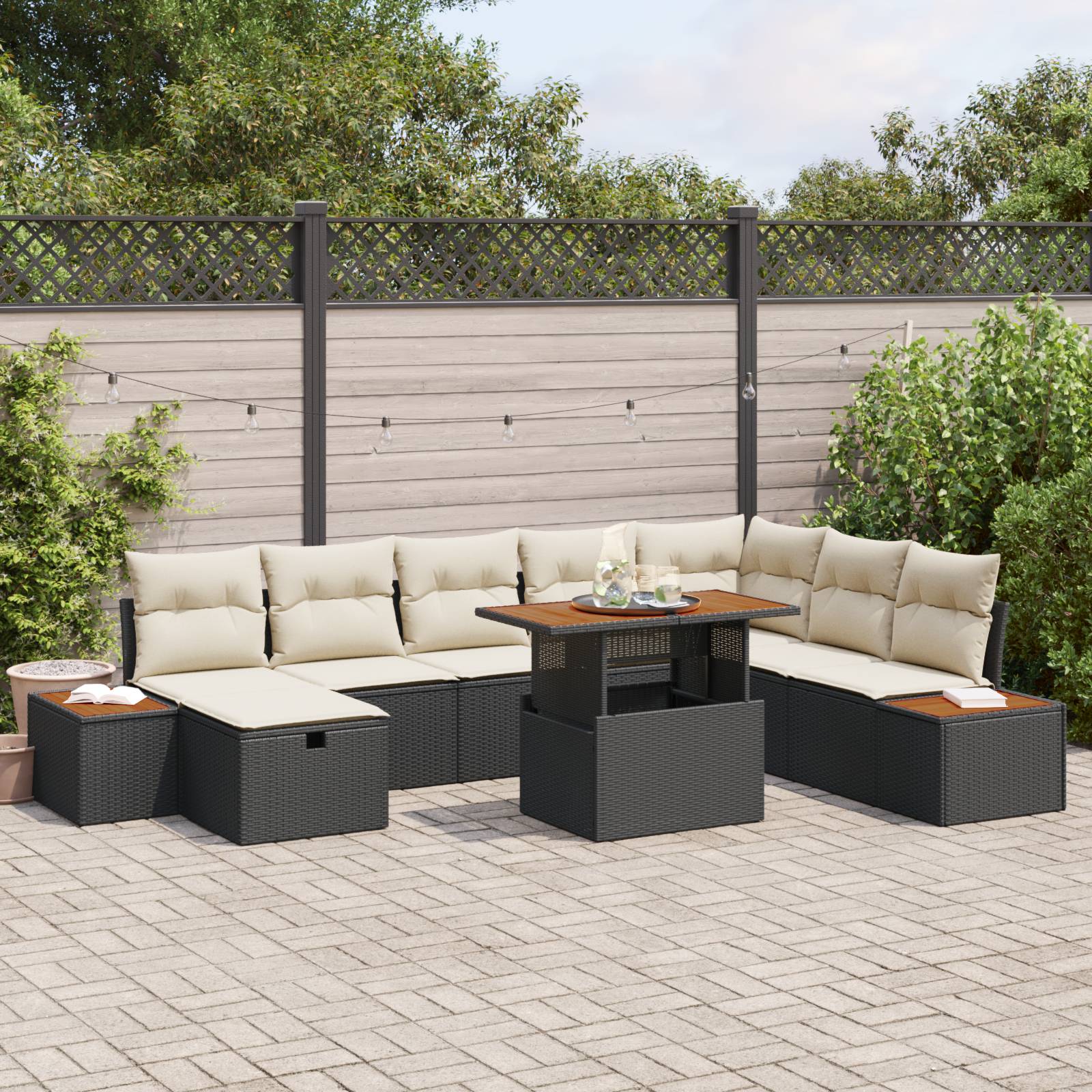 vidaXL 9-teiliges Garten-Sofa-Set mit Kissen Schwarz Poly Rattan Akazie