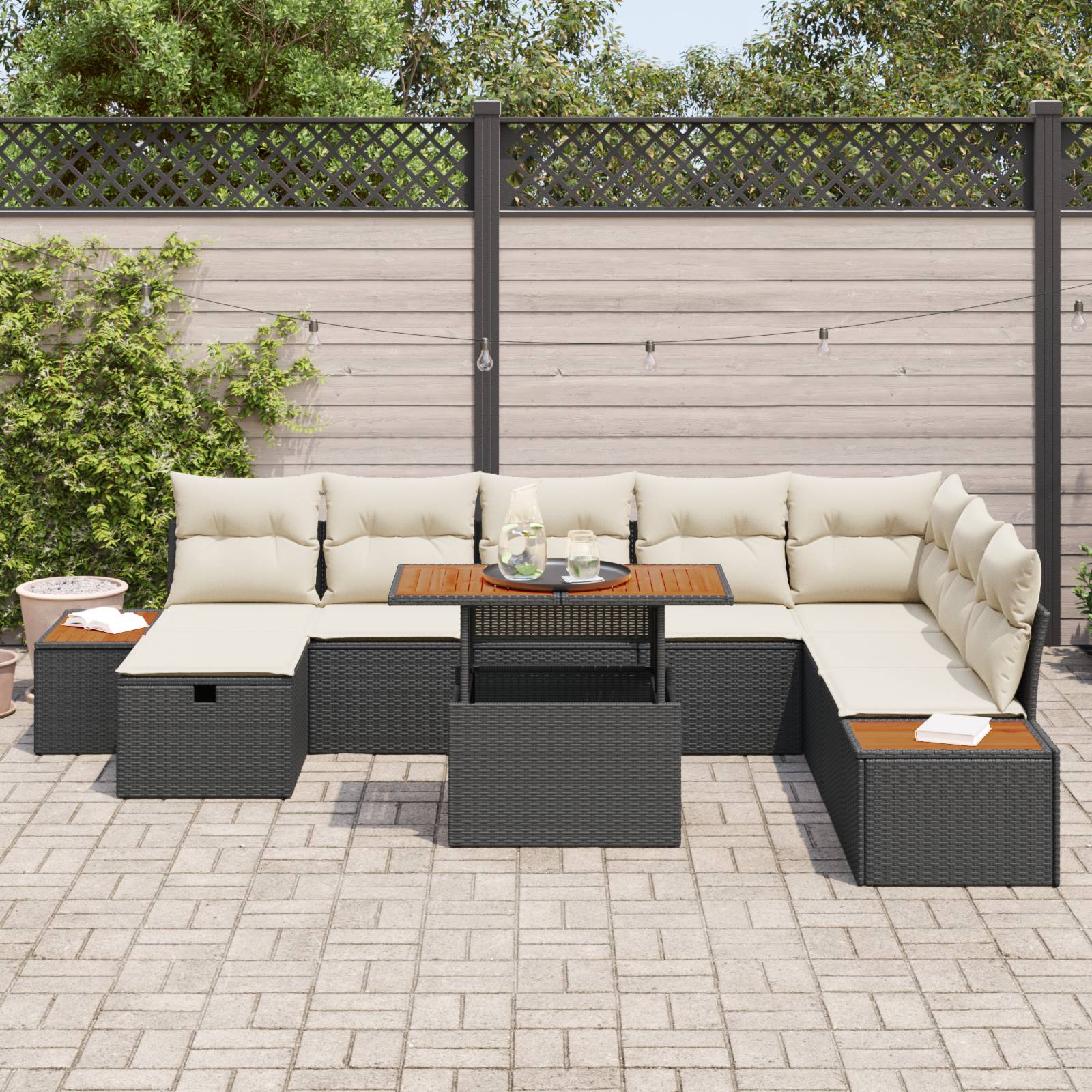 vidaXL 9-teiliges Garten-Sofa-Set mit Kissen Schwarz Poly Rattan Akazie