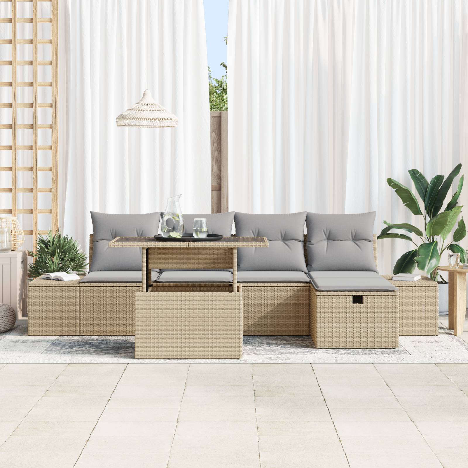 vidaXL 6-tlg. Garten-Sofagarnitur mit Kissen Beige Poly Rattan
