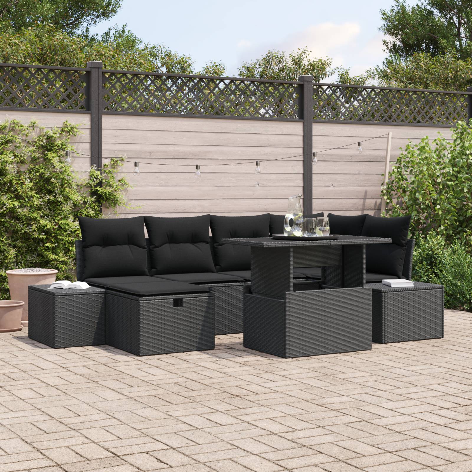 vidaXL 7-tlg. Garten-Sofagarnitur mit Kissen Schwarz Poly Rattan
