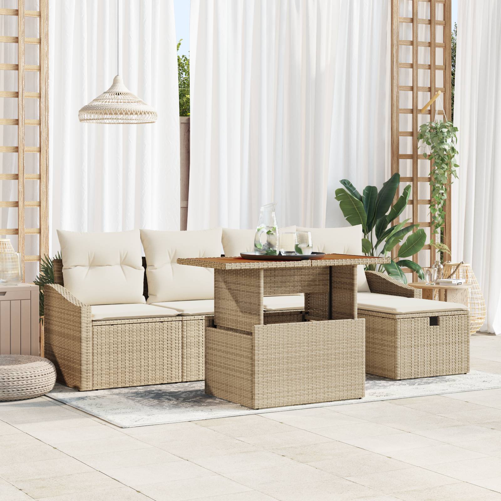 vidaXL 6-tlg. Garten-Sofagarnitur mit Kissen Beige Poly Rattan