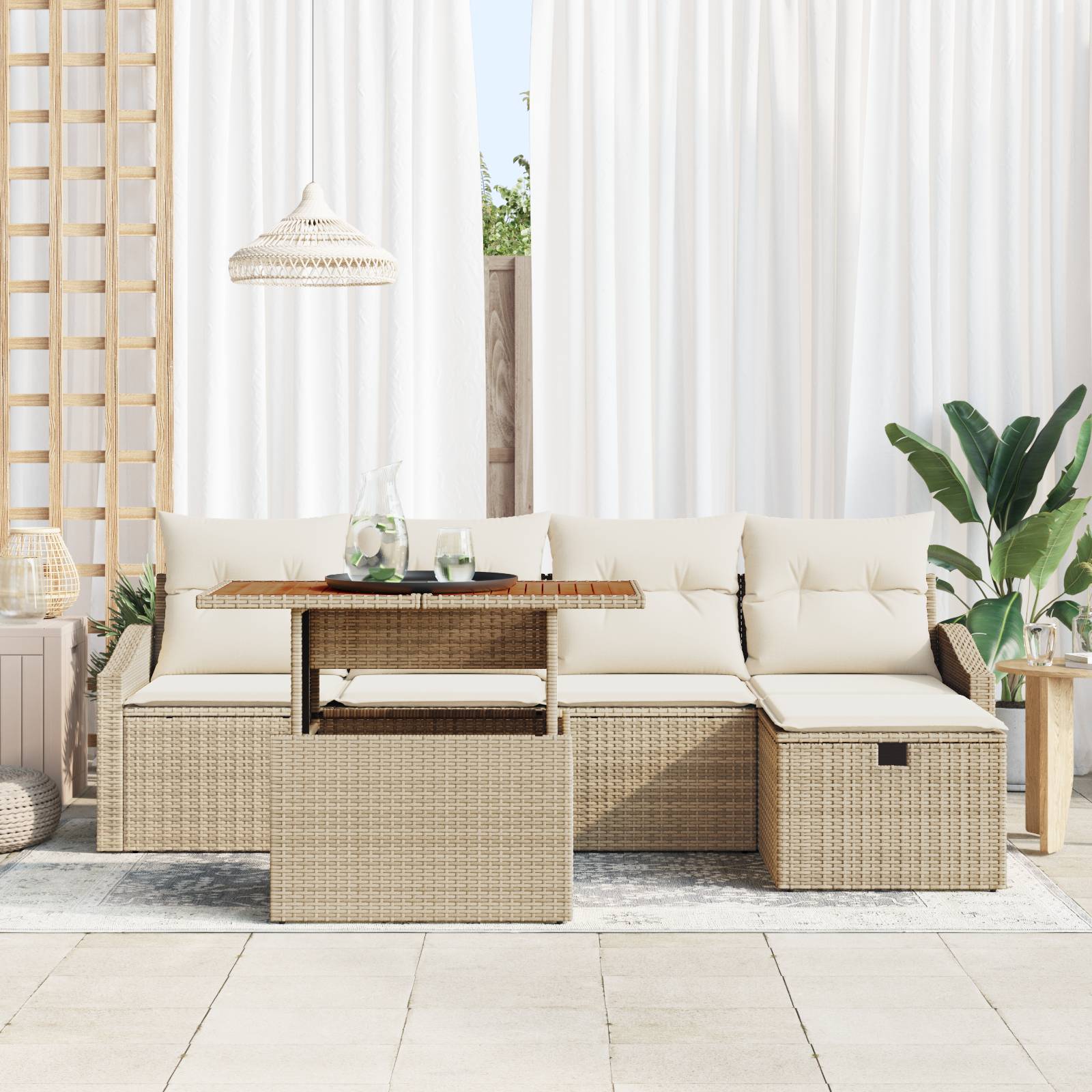 vidaXL 6-tlg. Garten-Sofagarnitur mit Kissen Beige Poly Rattan