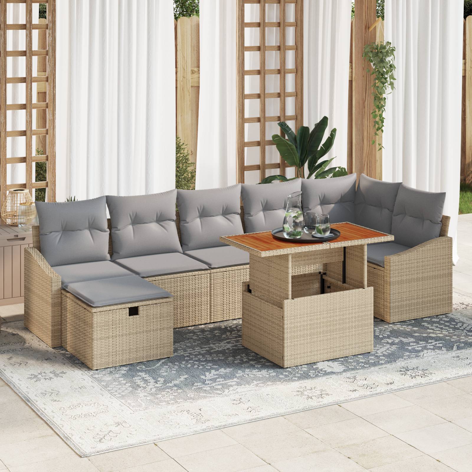 vidaXL 8-tlg. Garten-Sofagarnitur mit Kissen Beige Poly Rattan