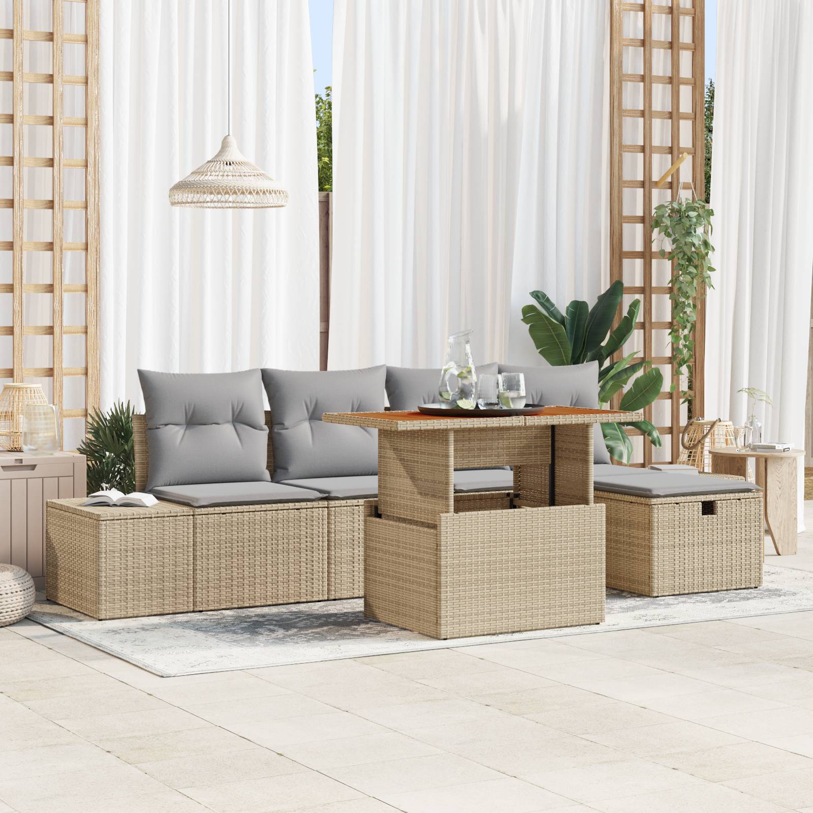 vidaXL 6-tlg. Garten-Sofagarnitur mit Kissen Beige Poly Rattan