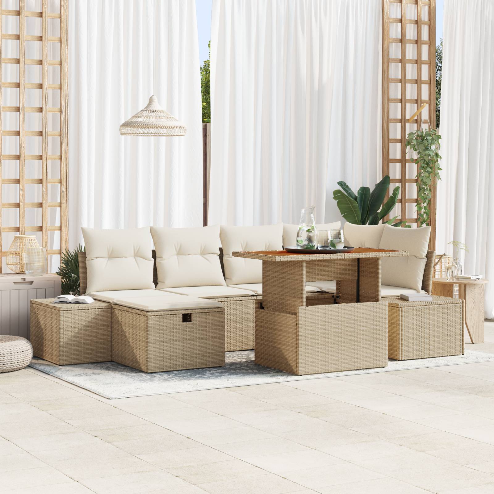 vidaXL 7-tlg. Garten-Essgruppe mit Kissen Beige Poly Rattan Akazie