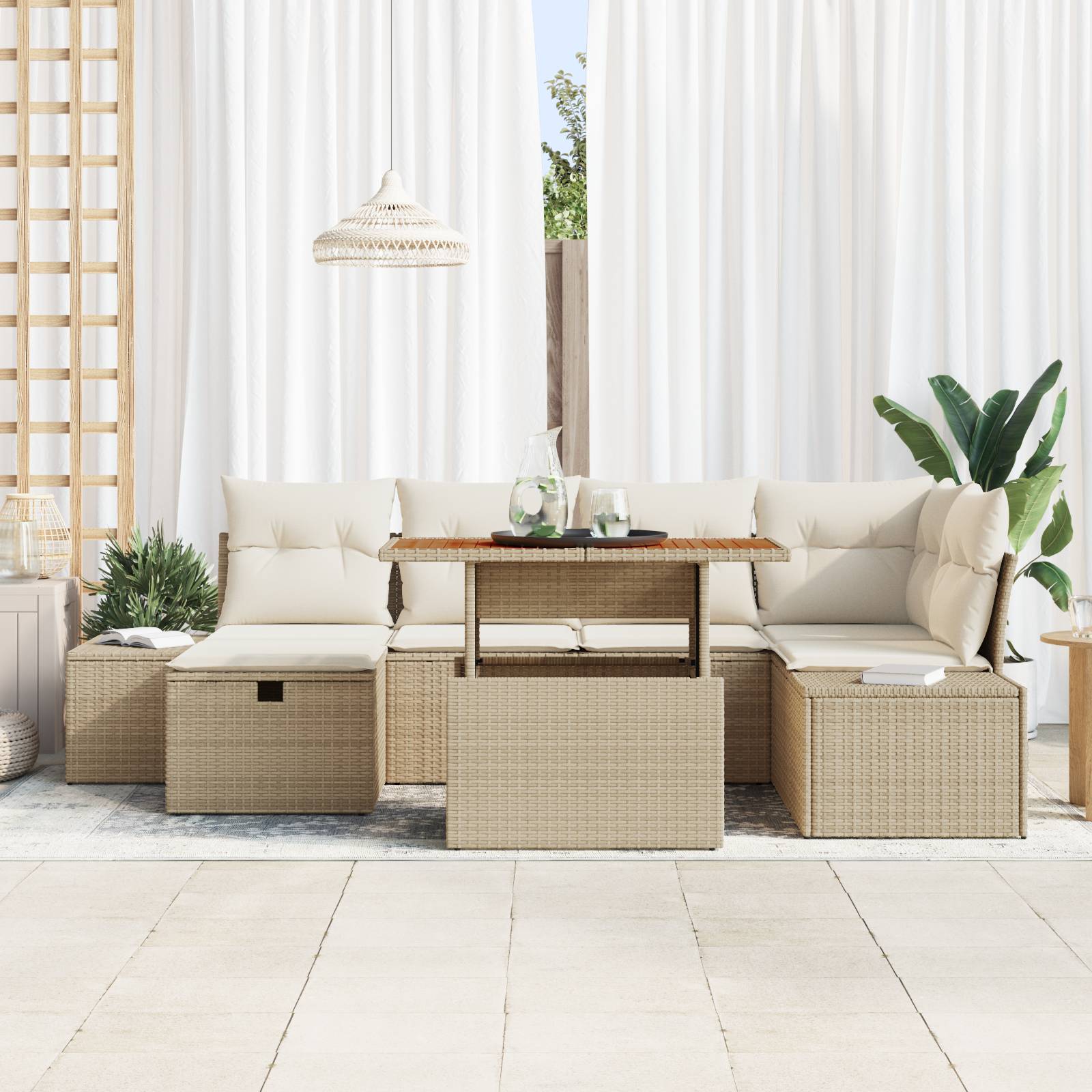 vidaXL 7-tlg. Garten-Essgruppe mit Kissen Beige Poly Rattan Akazie
