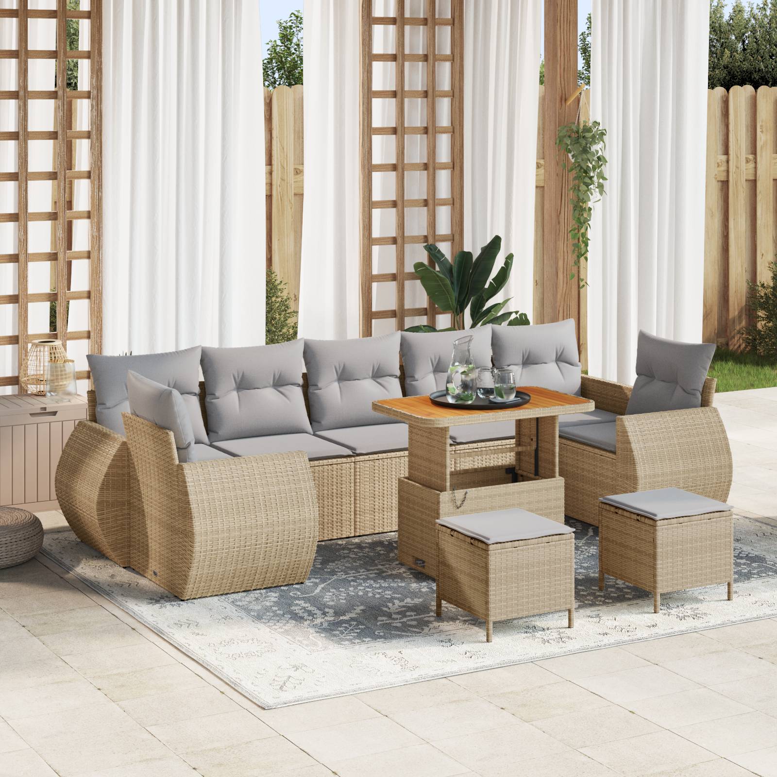 vidaXL 10-teiliges Garten-Sofa-Set mit Kissen Beige Poly Rattan Akazie