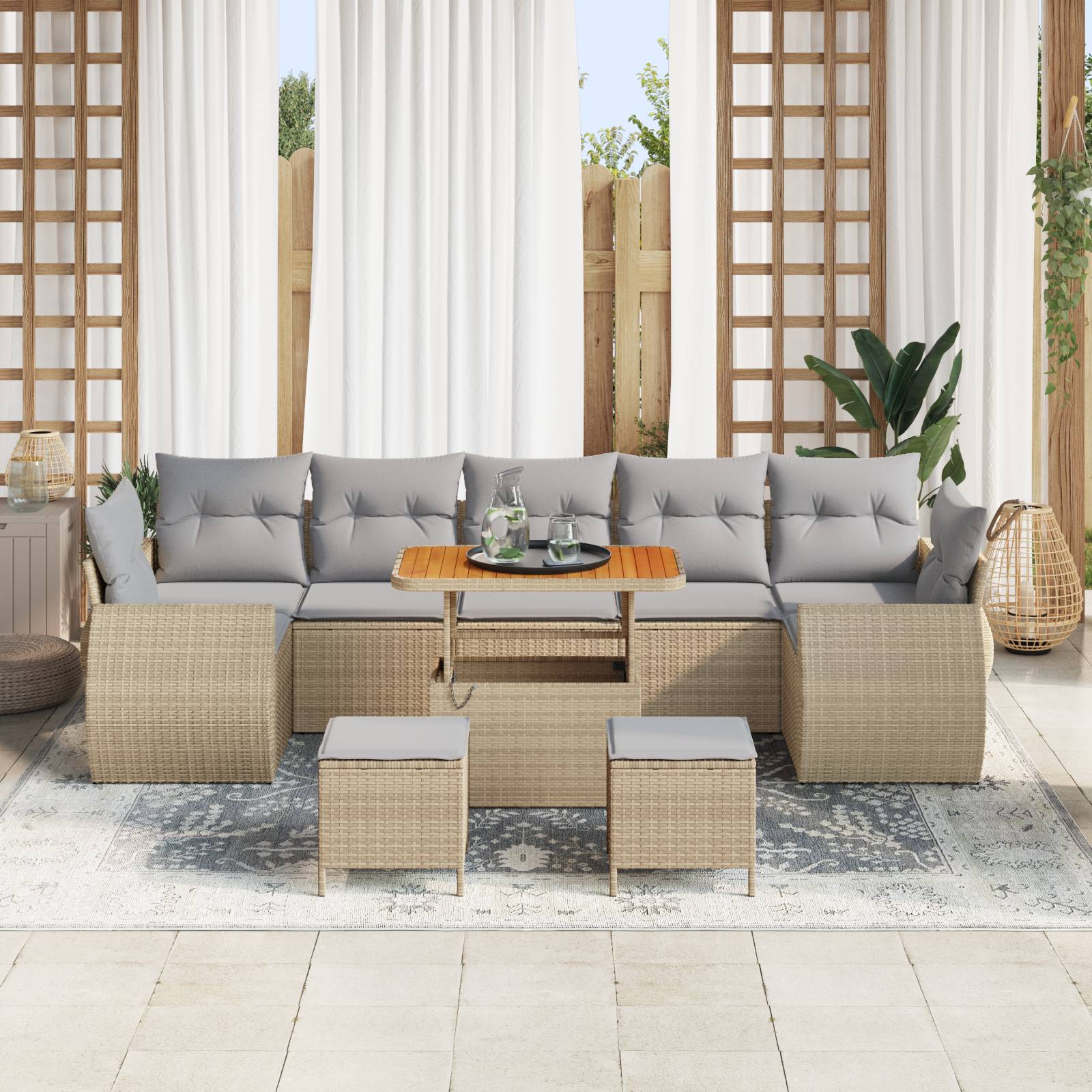 vidaXL 10-teiliges Garten-Sofa-Set mit Kissen Beige Poly Rattan Akazie