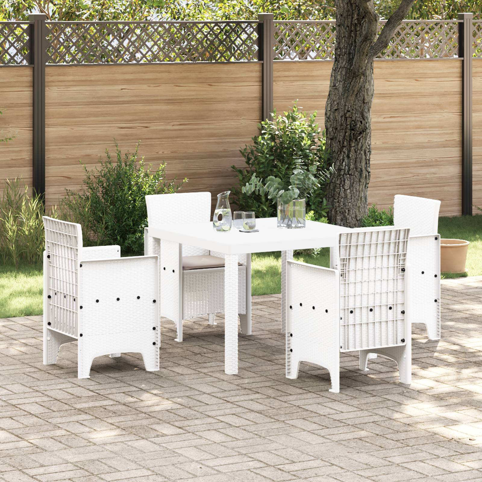vidaXL 5-tlg. Garten-Essgruppe mit Kissen Weiß Poly Rattan
