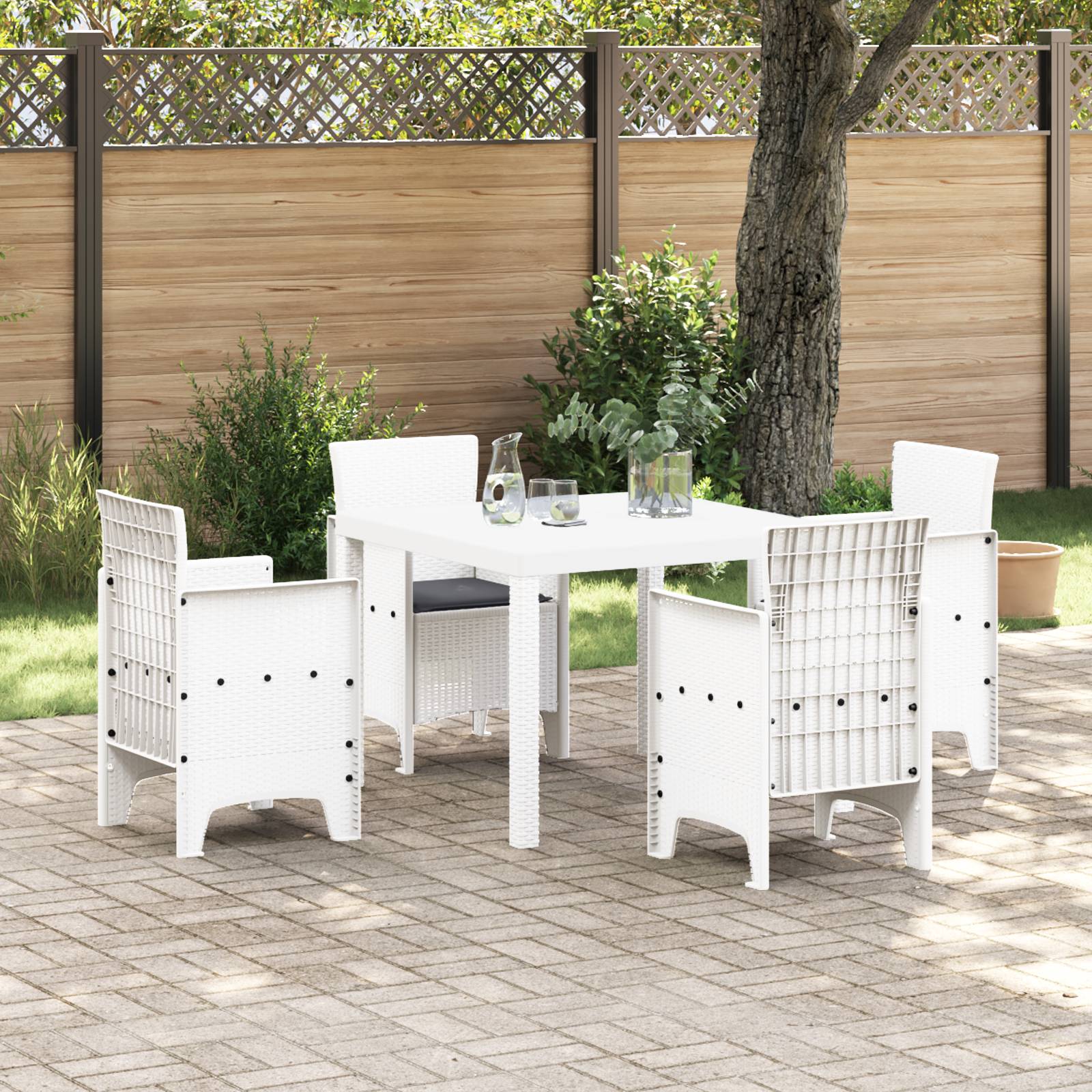 vidaXL 5-tlg. Garten-Essgruppe mit Kissen Weiß Poly Rattan
