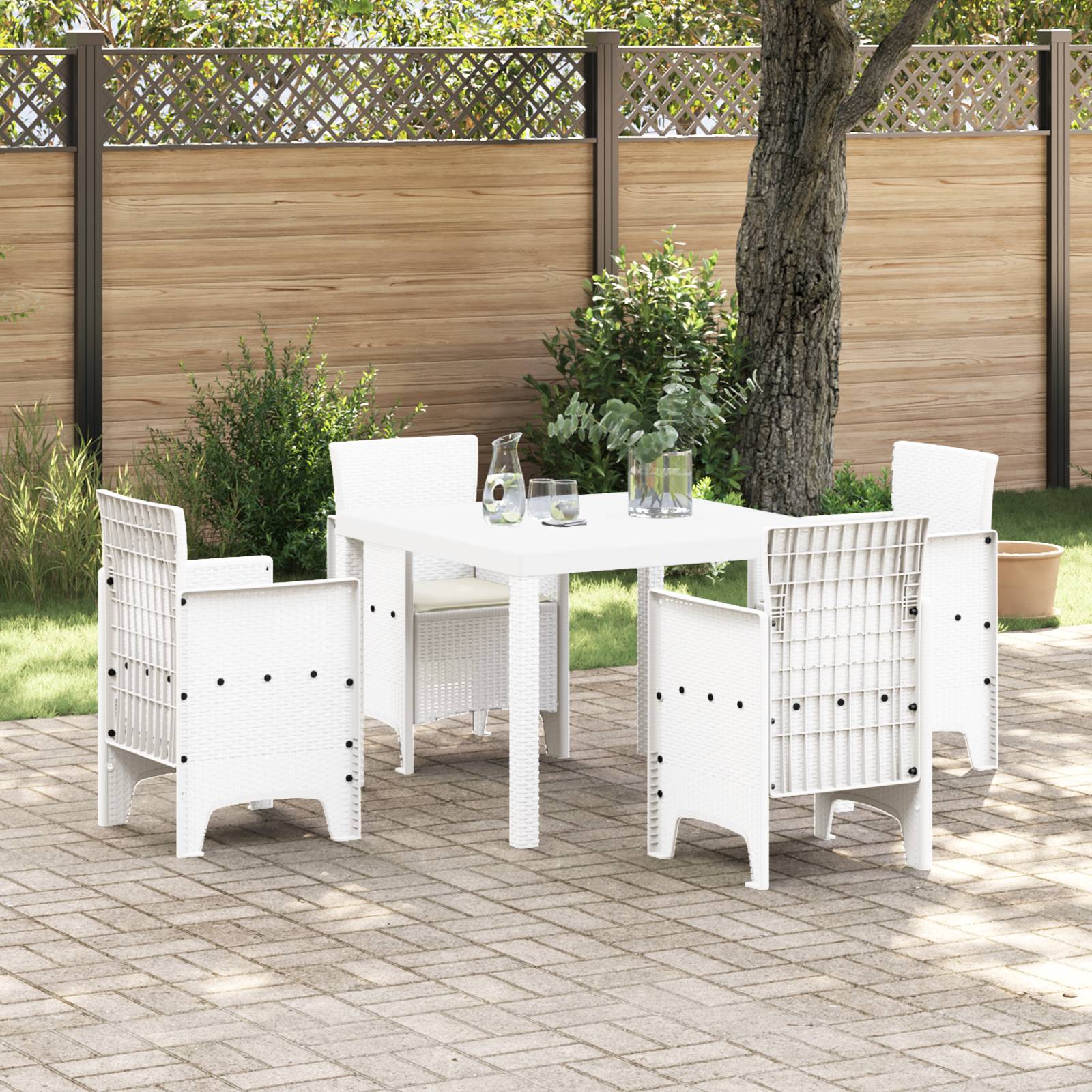 vidaXL 5-tlg. Garten-Essgruppe mit Kissen Weiß Poly Rattan