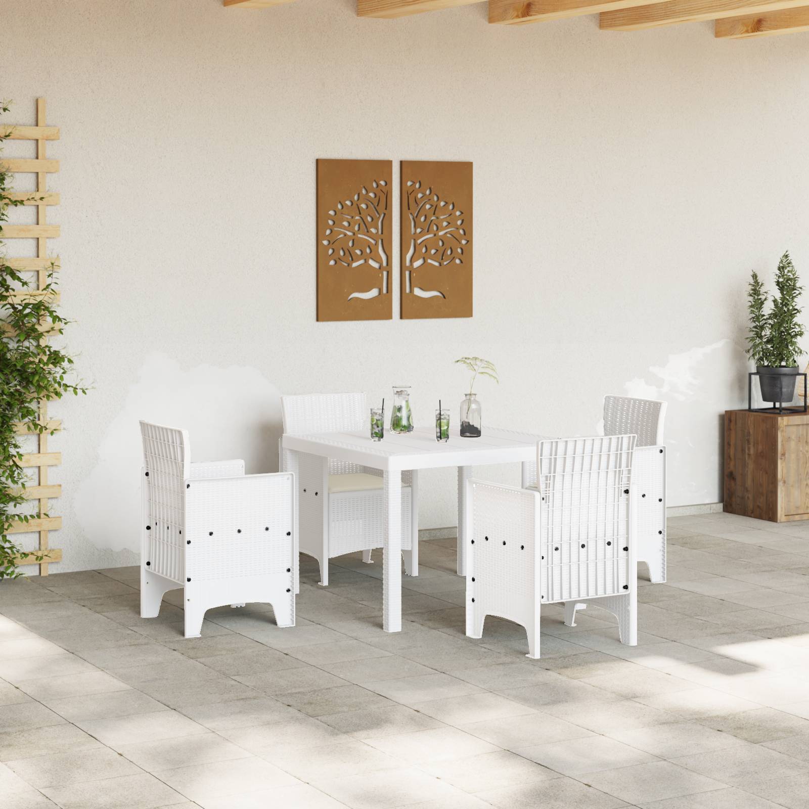 vidaXL 5-tlg. Garten-Essgruppe mit Kissen Weiß Poly Rattan