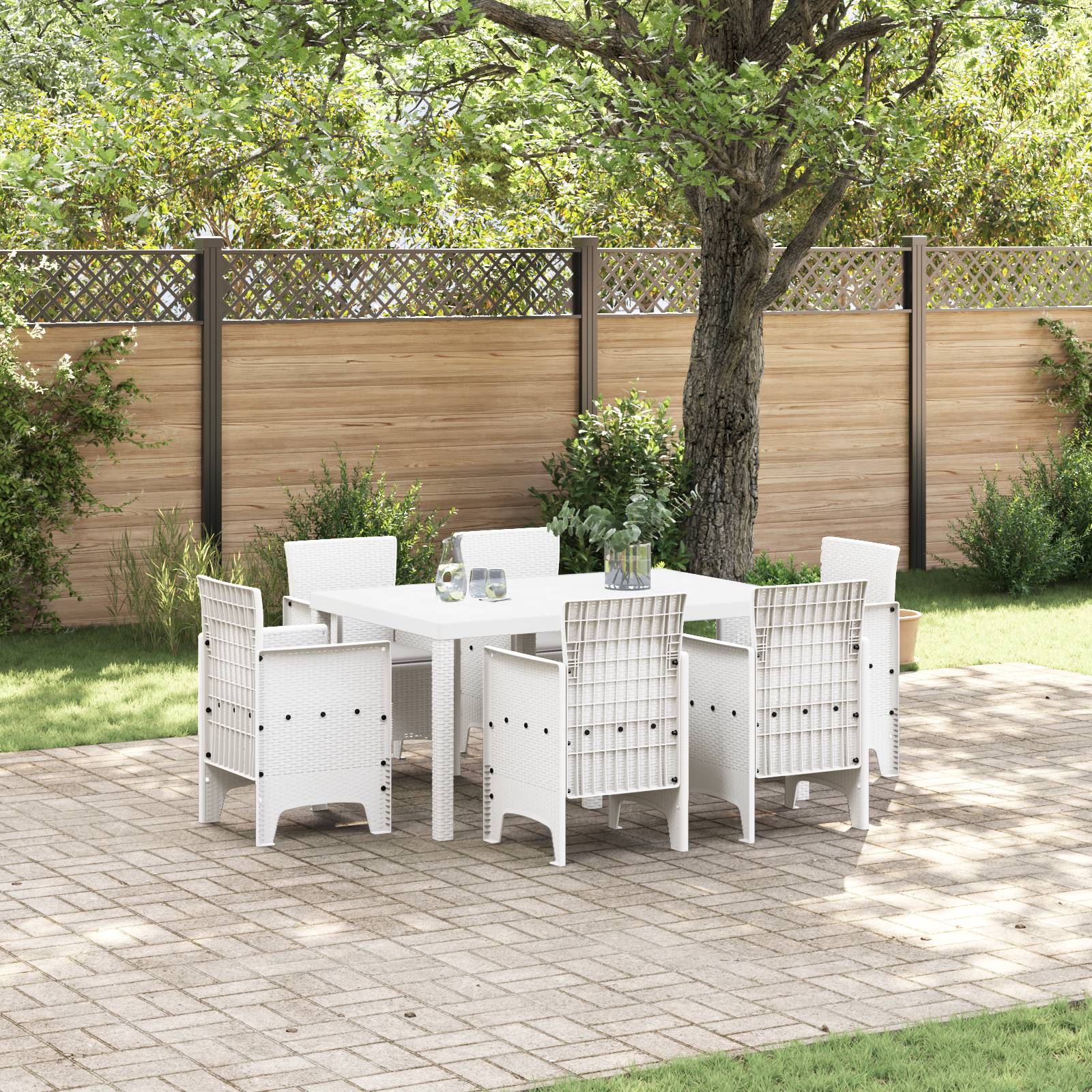 vidaXL 7-teiliges Garten-Ess Set mit Kissen Weiß Poly-Rattan