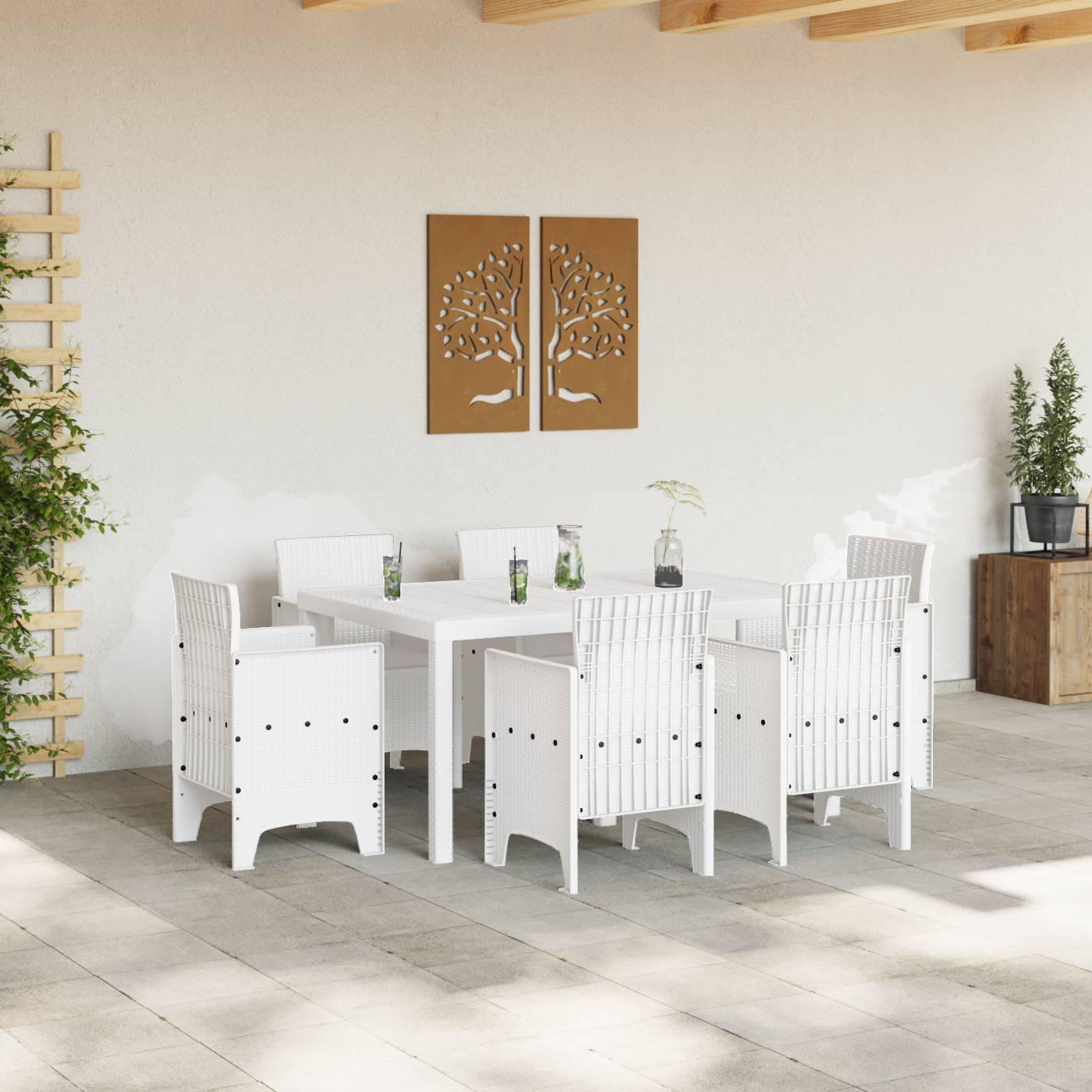 vidaXL 7-teiliges Garten-Ess Set mit Kissen Weiß Poly-Rattan