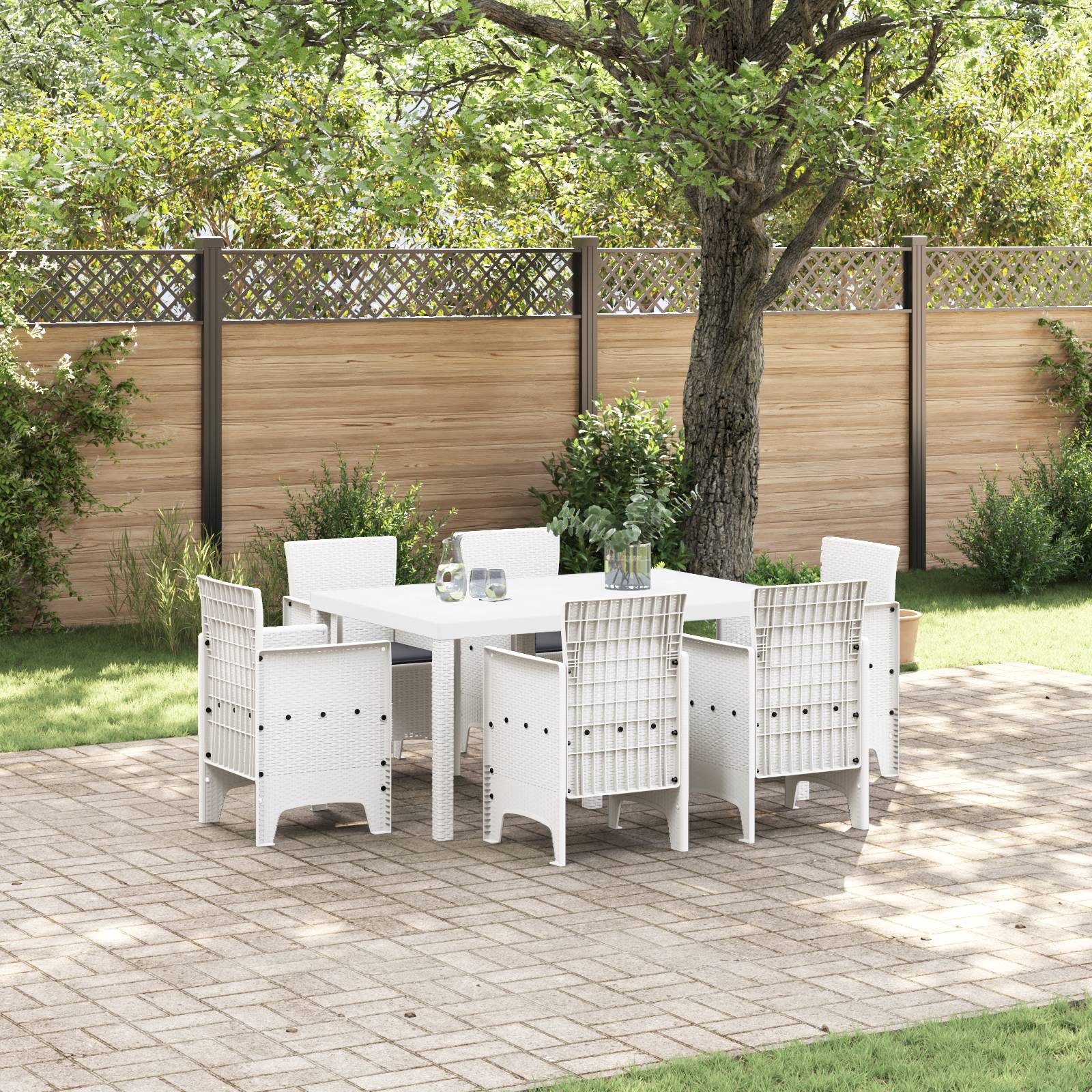 vidaXL 7-Teilige Garten Essgruppe mit Kissen Weiß Poly-Rattan