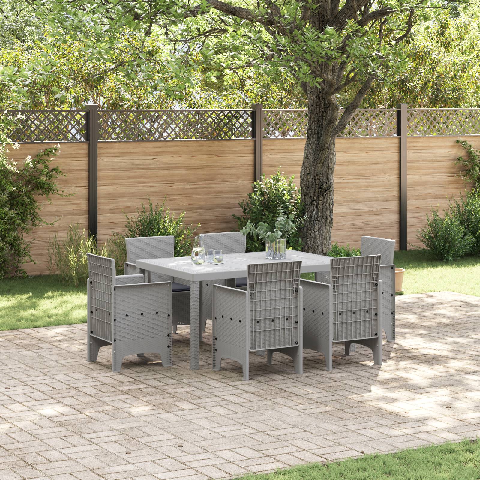 vidaXL 7-teiliges Garten Esszimmer Set mit Kissen Hellgrau Poly Rattan