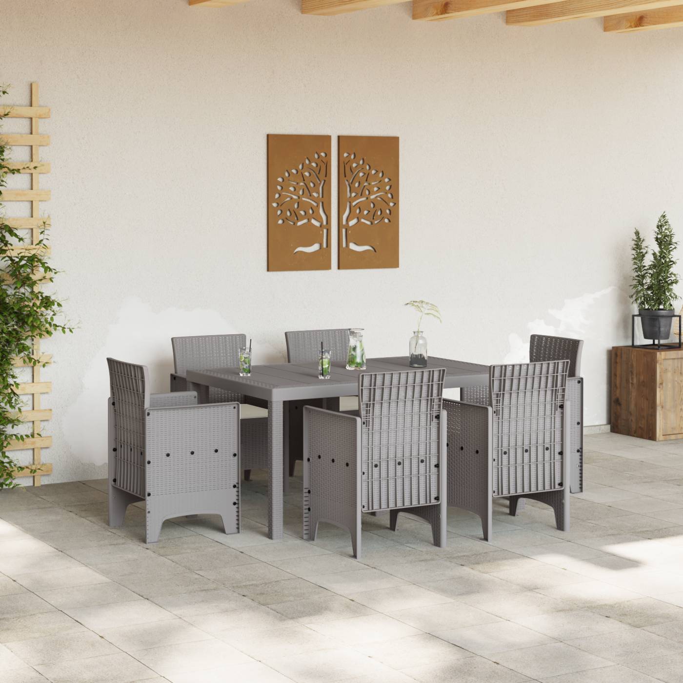vidaXL 7-teiliges Garten Essgruppe mit Kissen Lichtgrau Poly-Rattan
