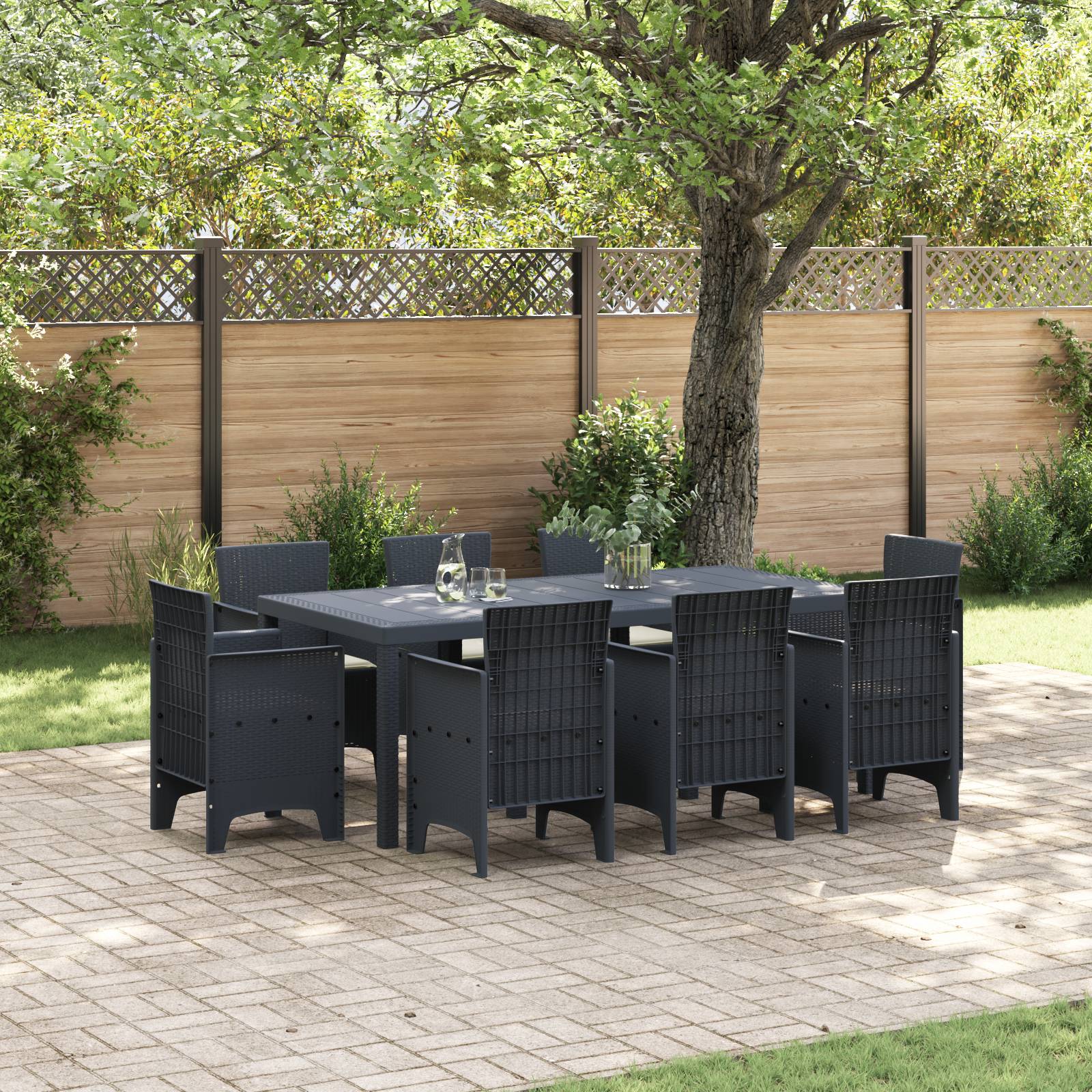 vidaXL 9-tlg. Garten-Essgruppe mit Kissen Anthrazit Poly Rattan