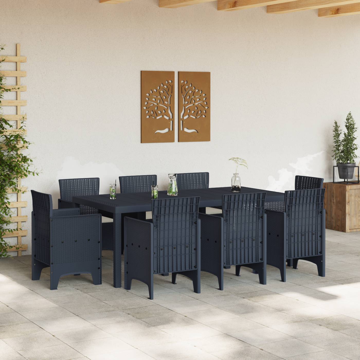 vidaXL 9-tlg. Garten-Essgruppe mit Kissen Anthrazit Poly Rattan