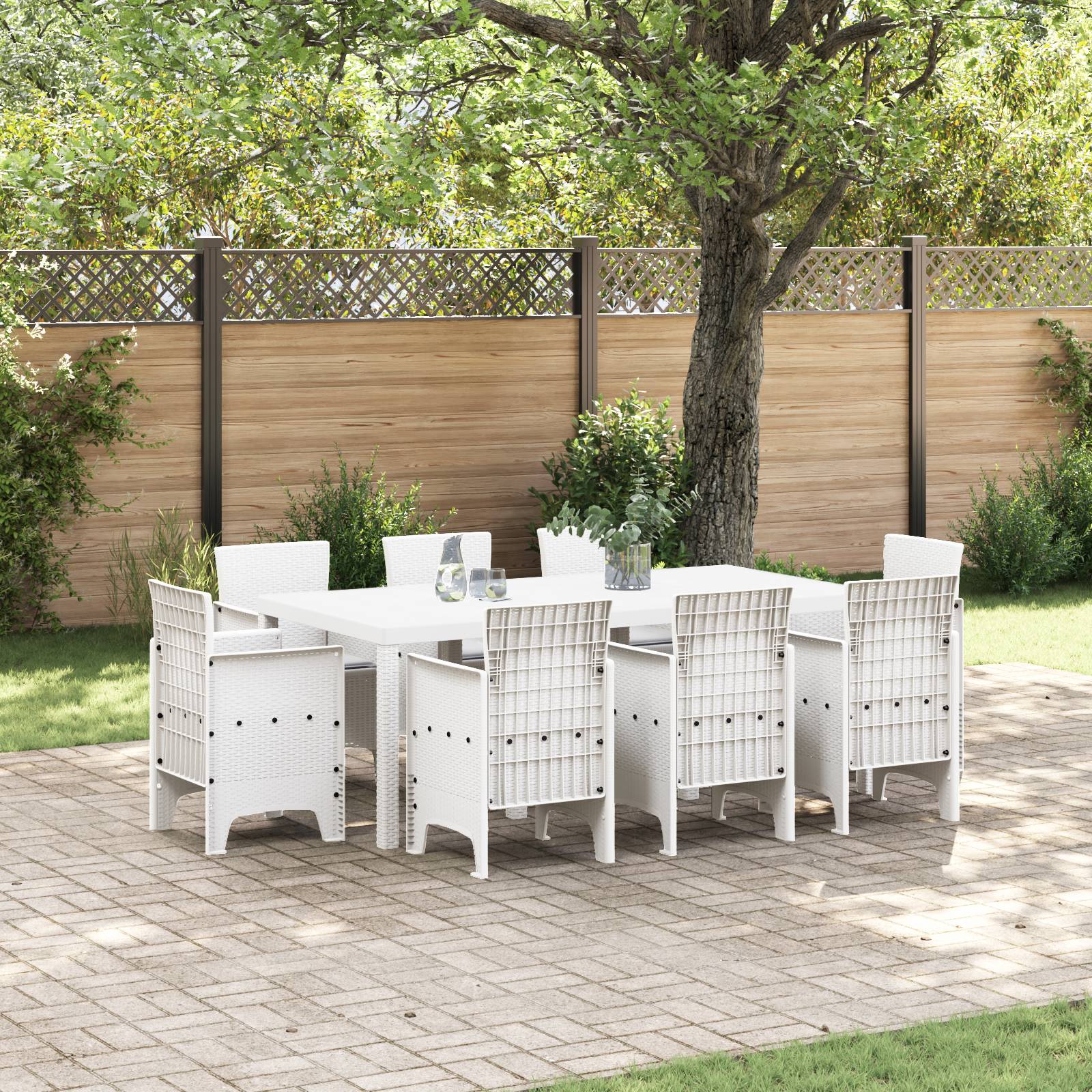 vidaXL 9-teiliges Garten Esstisch Set mit Kissen in Weiß Poly Rattan