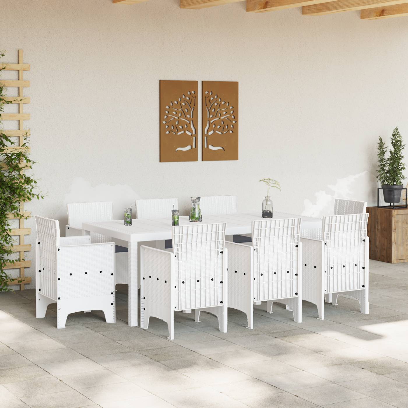 vidaXL 9-teiliges Garten Esstisch Set mit Kissen in Weiß Poly Rattan