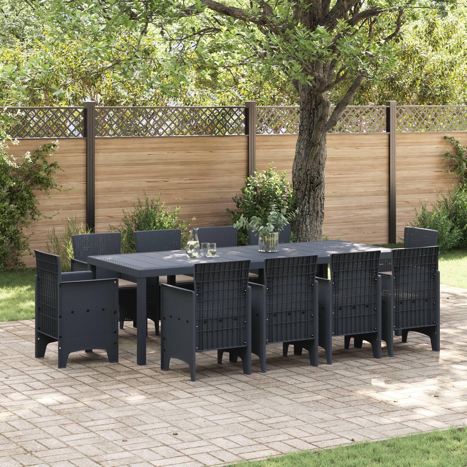 vidaXL 11-tlg. Garten-Essgruppe mit Kissen Anthrazit Poly Rattan