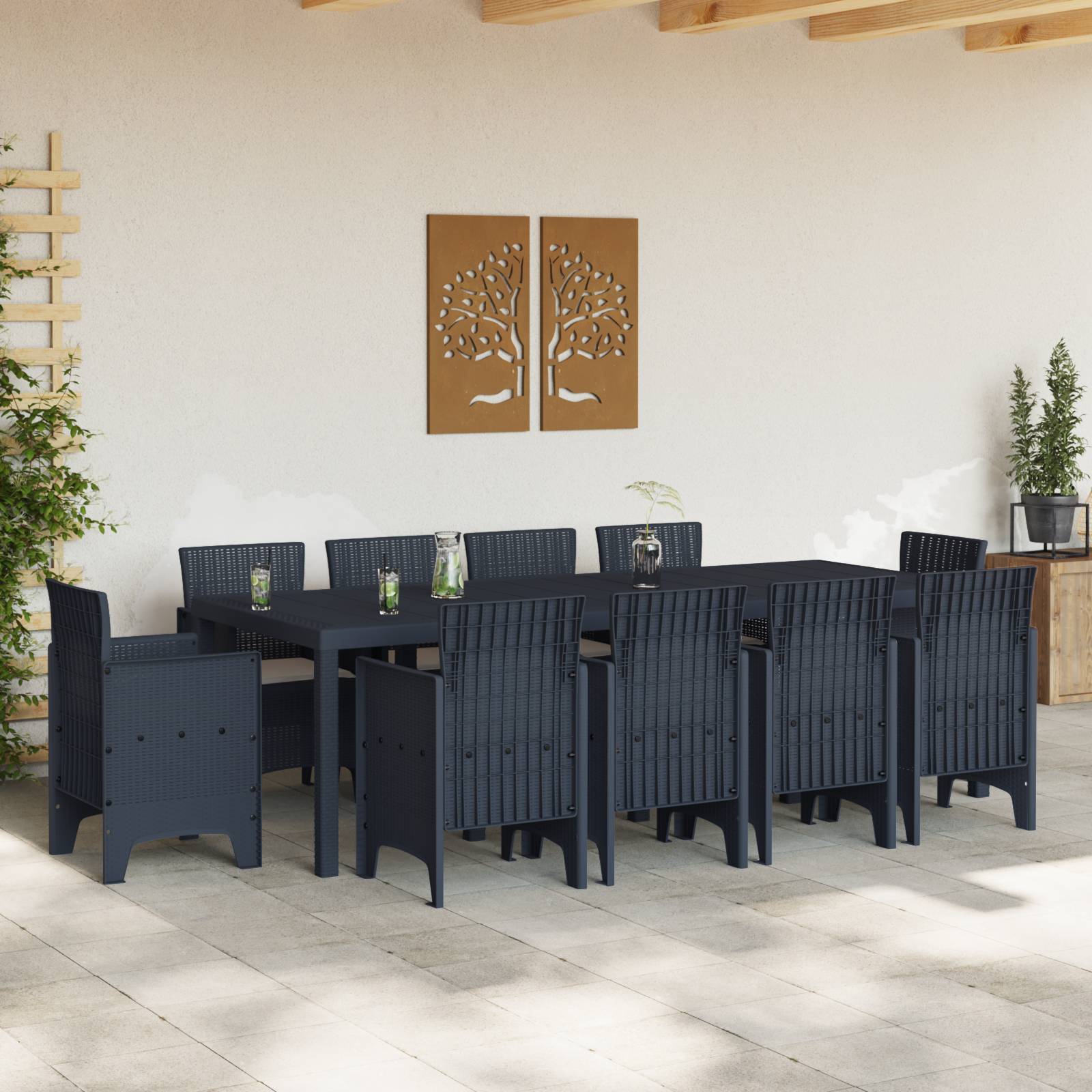 vidaXL 11-tlg. Garten-Essgruppe mit Kissen Anthrazit Poly Rattan