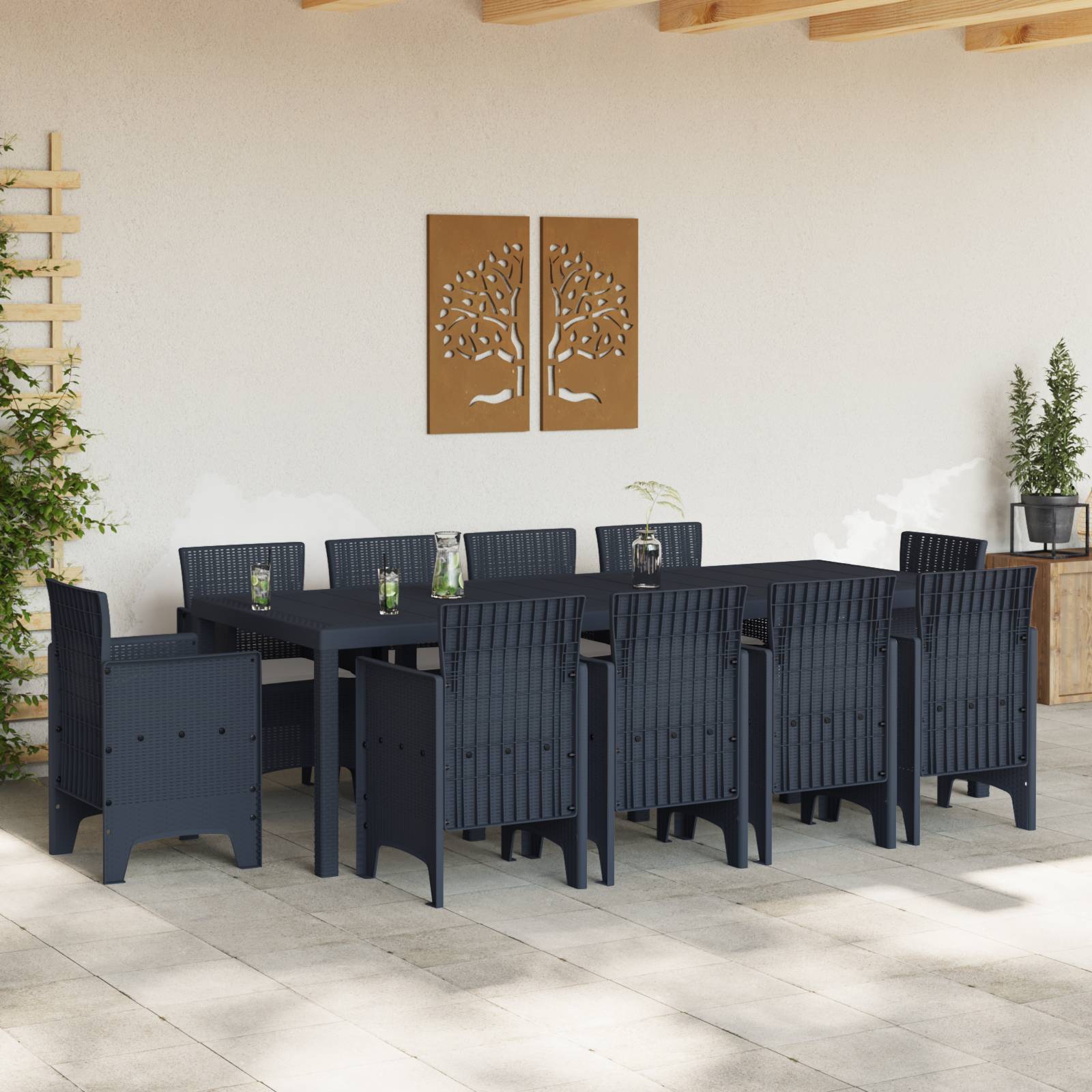 vidaXL 11-tlg. Garten-Essgruppe mit Kissen Anthrazit Poly Rattan