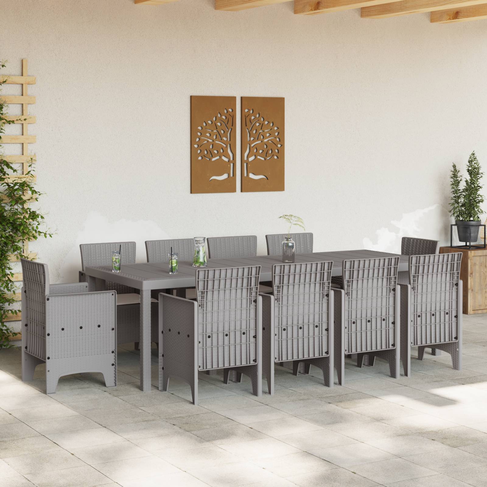 vidaXL 11-tlg. Garten-Essgruppe mit Kissen Hellgrau Poly Rattan