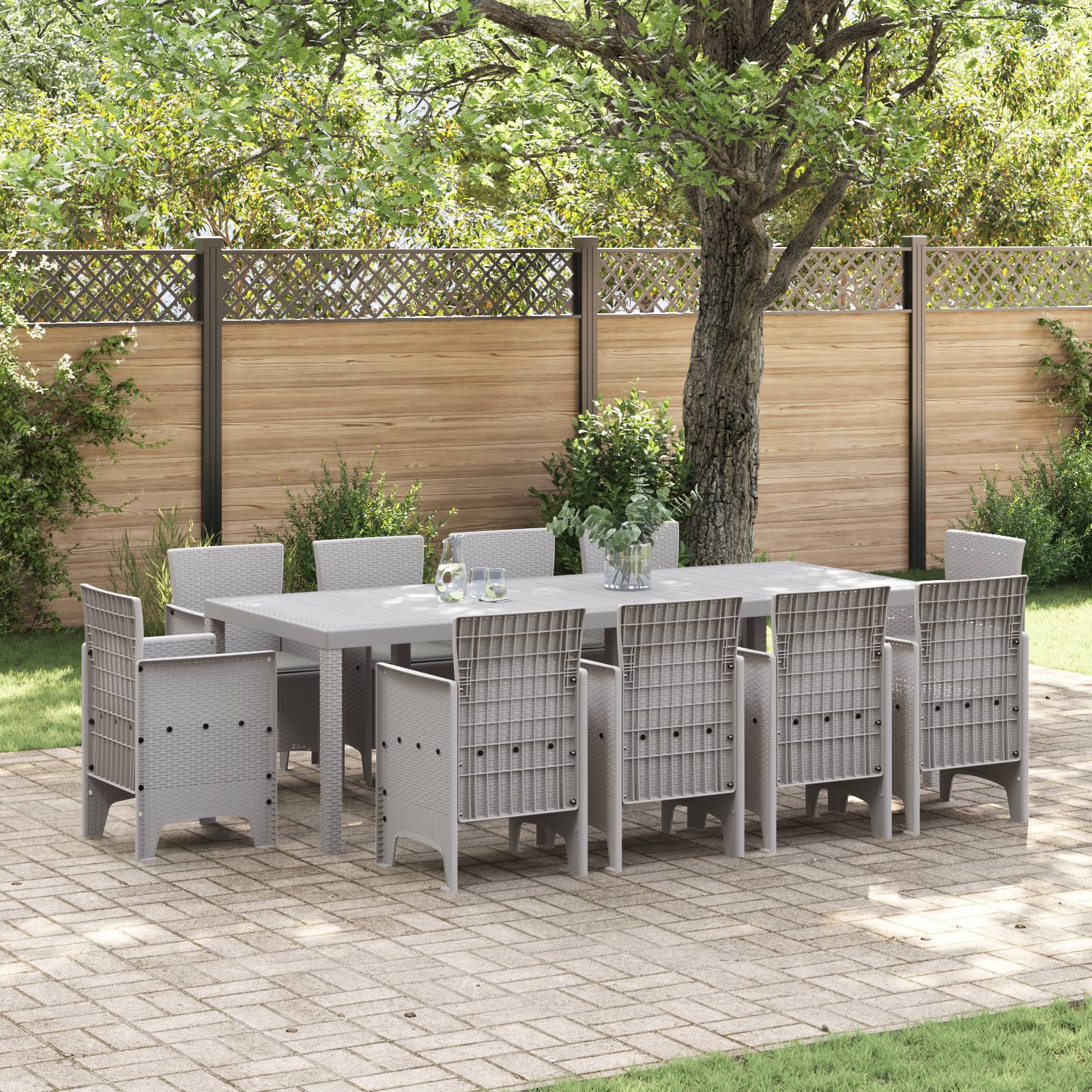 vidaXL 11-tlg. Garten-Essgruppe mit Kissen Hellgrau Poly Rattan