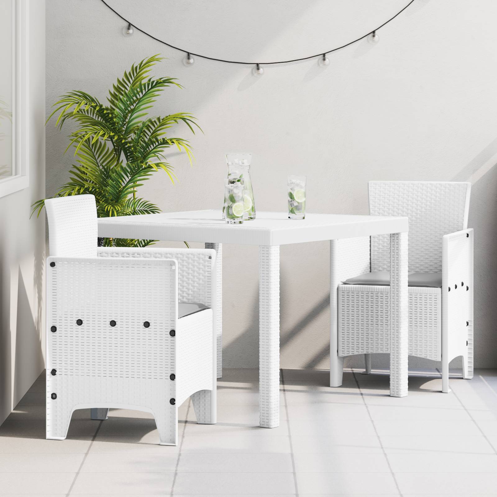 vidaXL 3-tlg. Garten-Essgruppe mit Kissen Weiß Poly Rattan