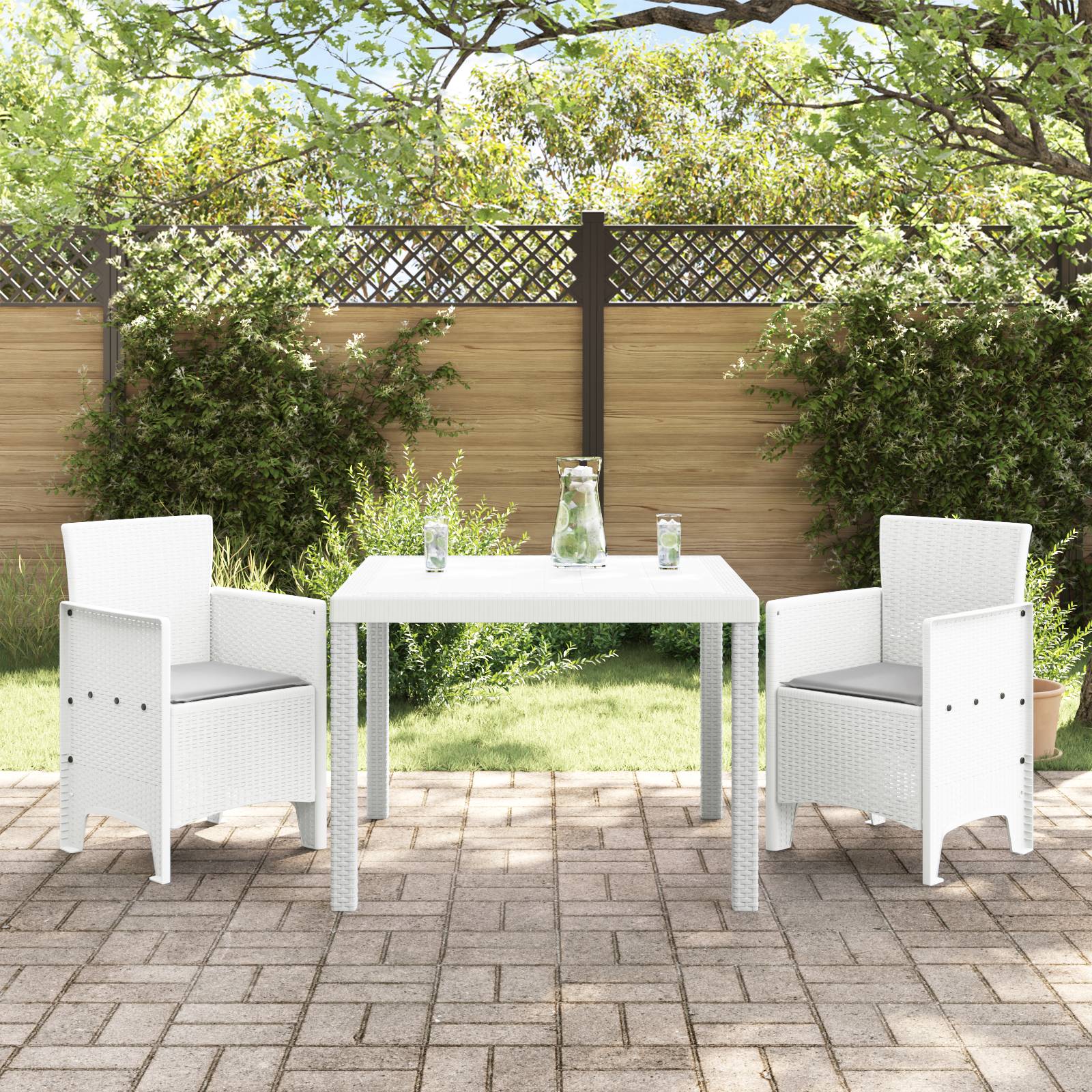 vidaXL 3-tlg. Garten-Essgruppe mit Kissen Weiß Poly Rattan
