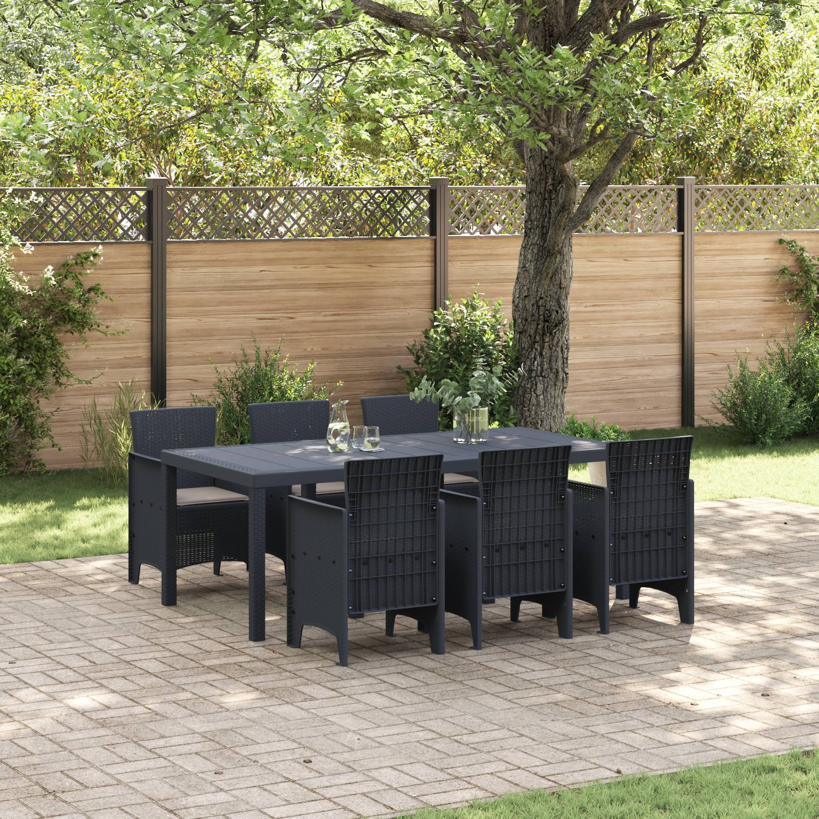 vidaXL 7-teiliges Garten Essset mit Kissen Anthrazit Poly-Rattan