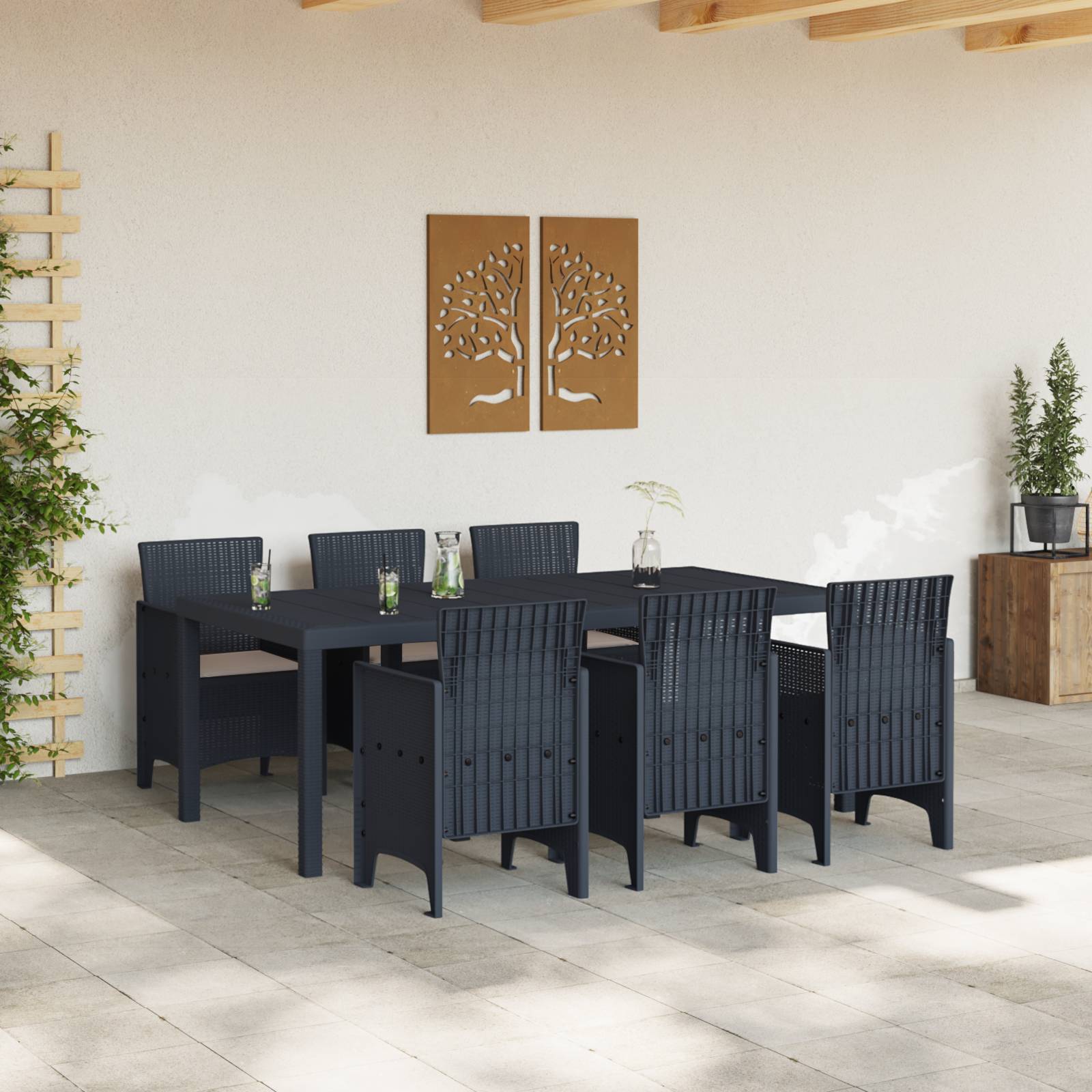 vidaXL 7-teiliges Garten Essset mit Kissen Anthrazit Poly-Rattan