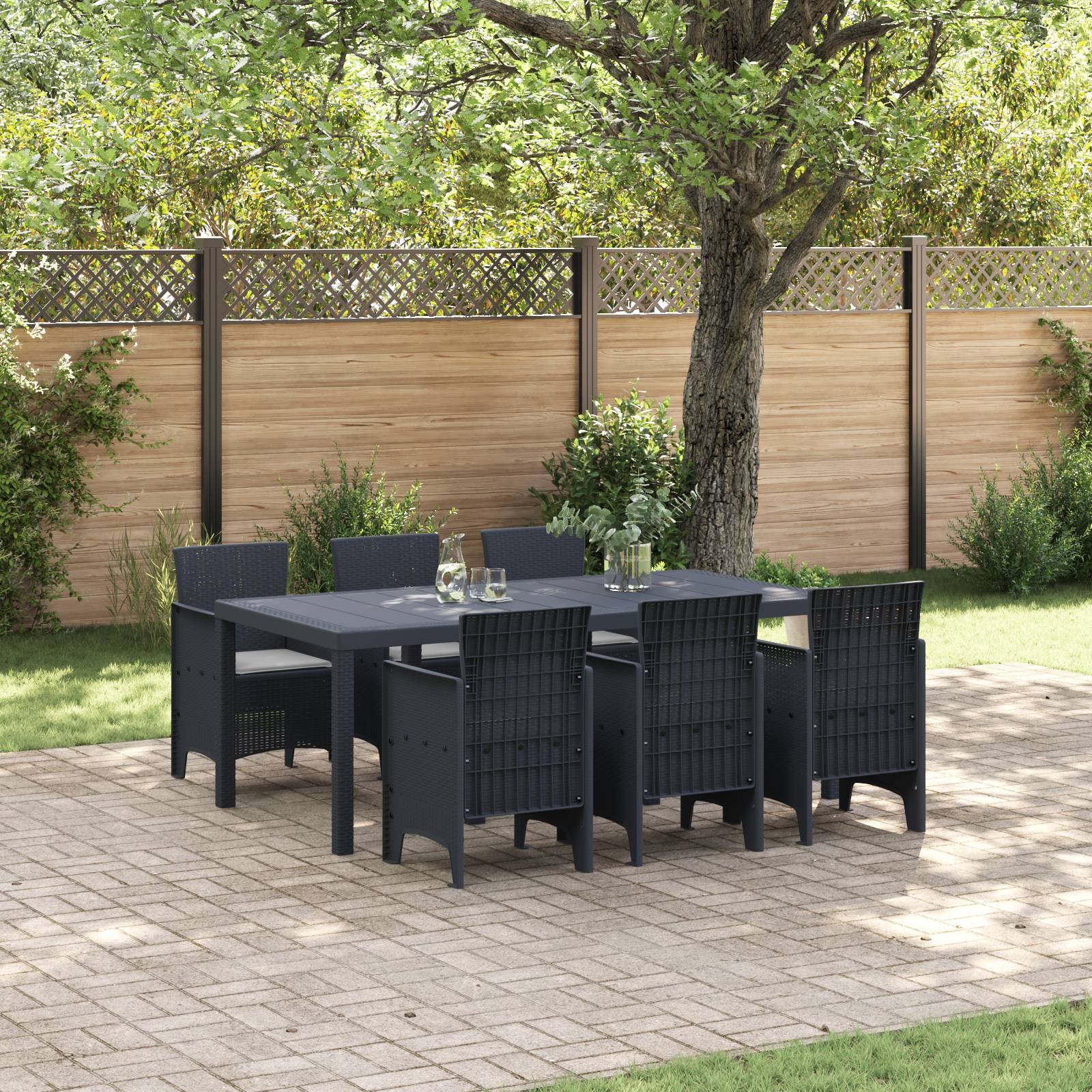 vidaXL 7-teiliges Garten Esszimmer Set mit Kissen Anthrazit Poly-Rattan