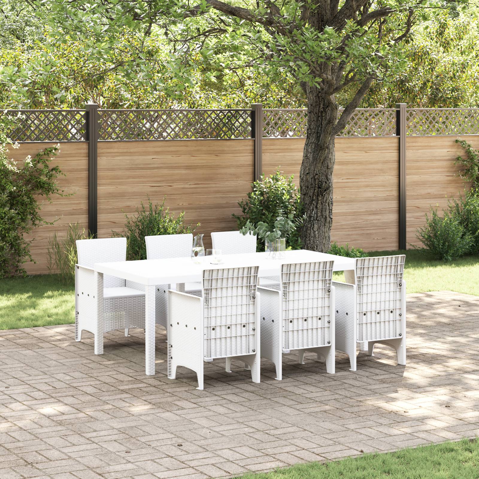 vidaXL 7-teilige Garten Essgruppe Weiß Poly Rattan