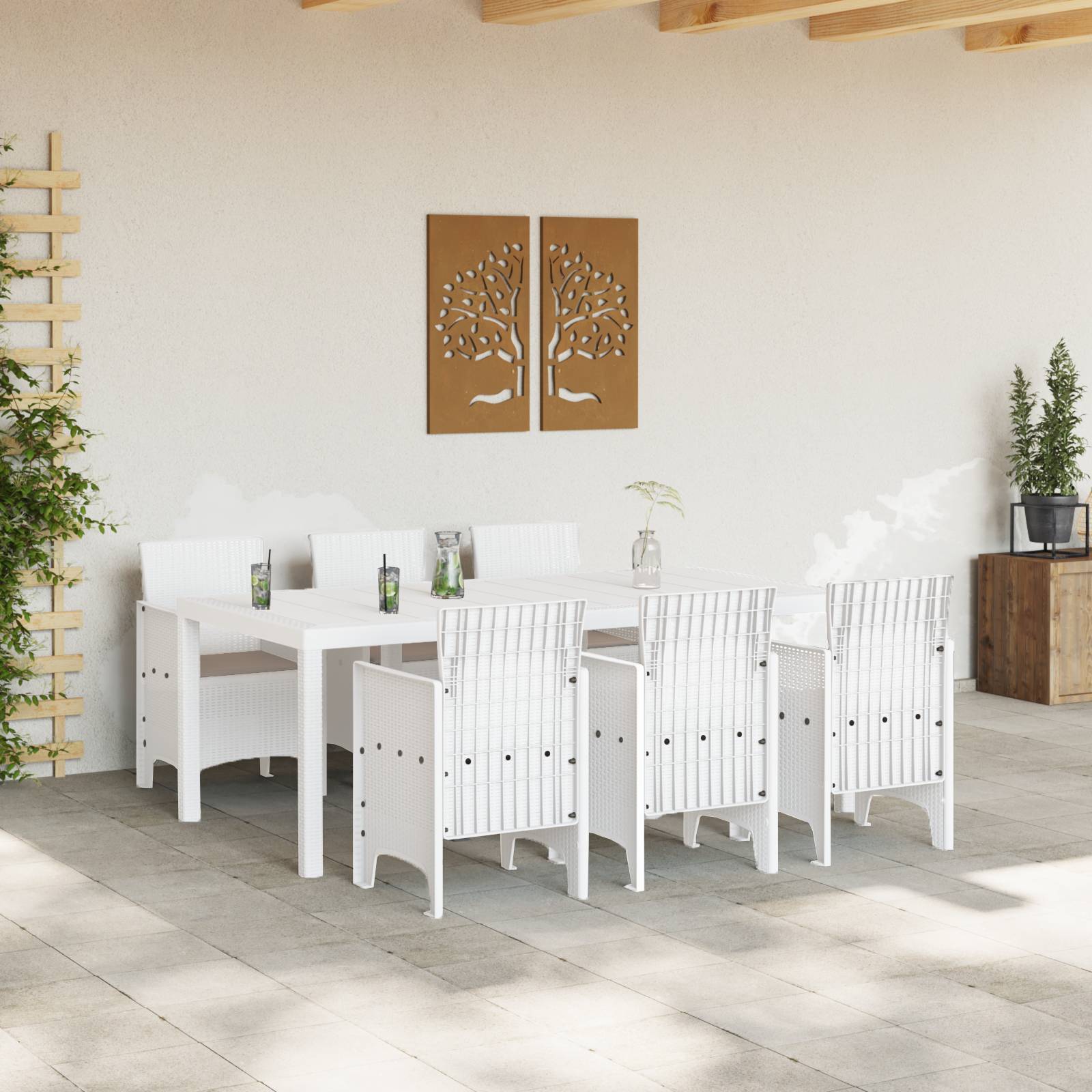 vidaXL 7-tlg. Garten Essgruppe mit Kissen Weiß Poly-Rattan