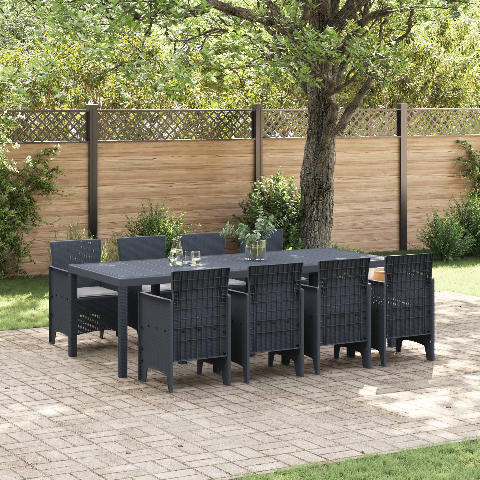 vidaXL 9-tlg. Garten-Essgruppe mit Kissen Anthrazit Poly Rattan