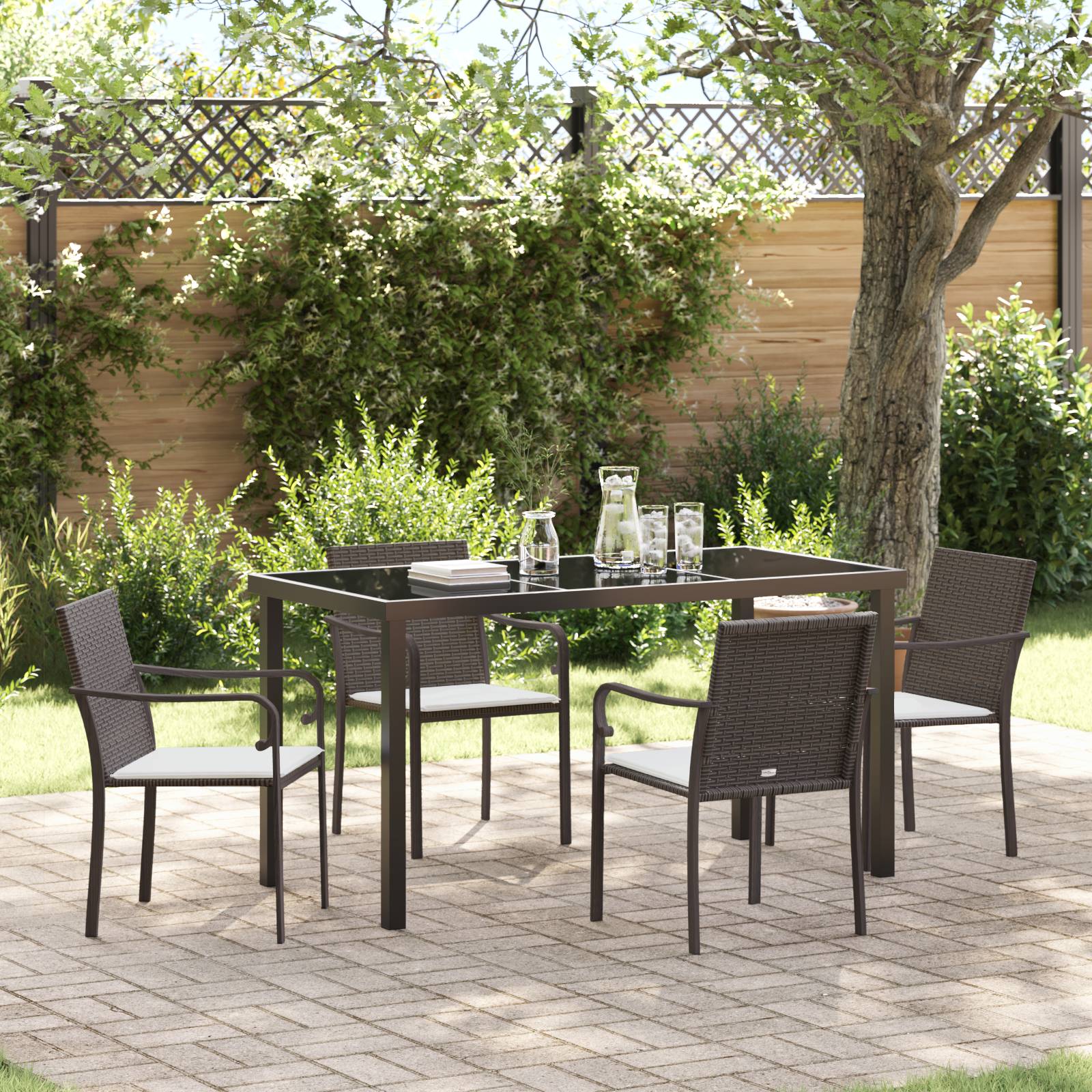 vidaXL 5-tlg. Garten-Essgruppe mit Kissen Braun Poly Rattan