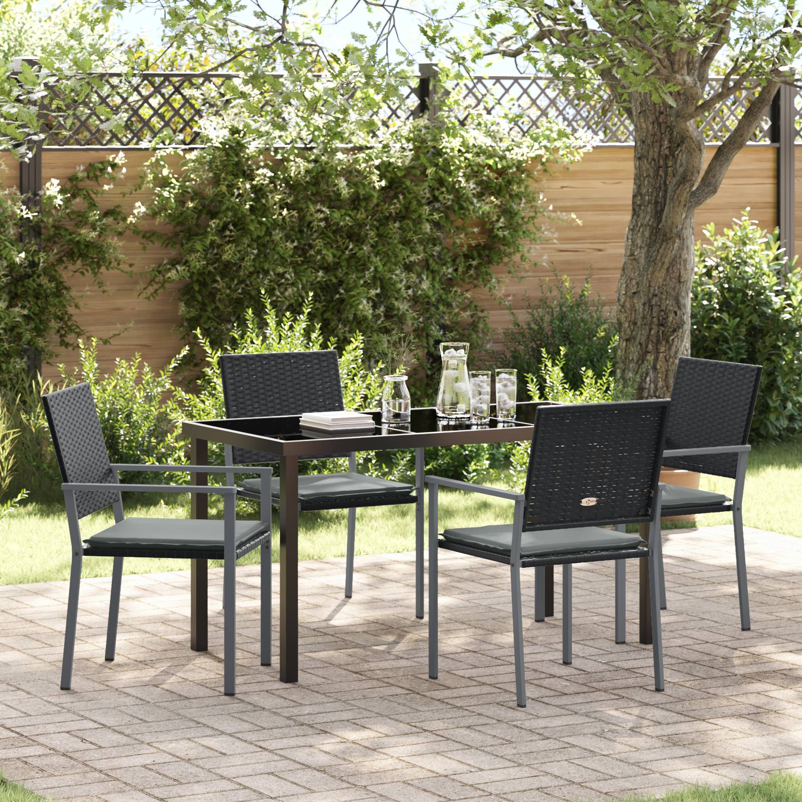 vidaXL 5-teiliges Garten-Esszimmer-Set mit Kissen Schwarz Poly Rattan